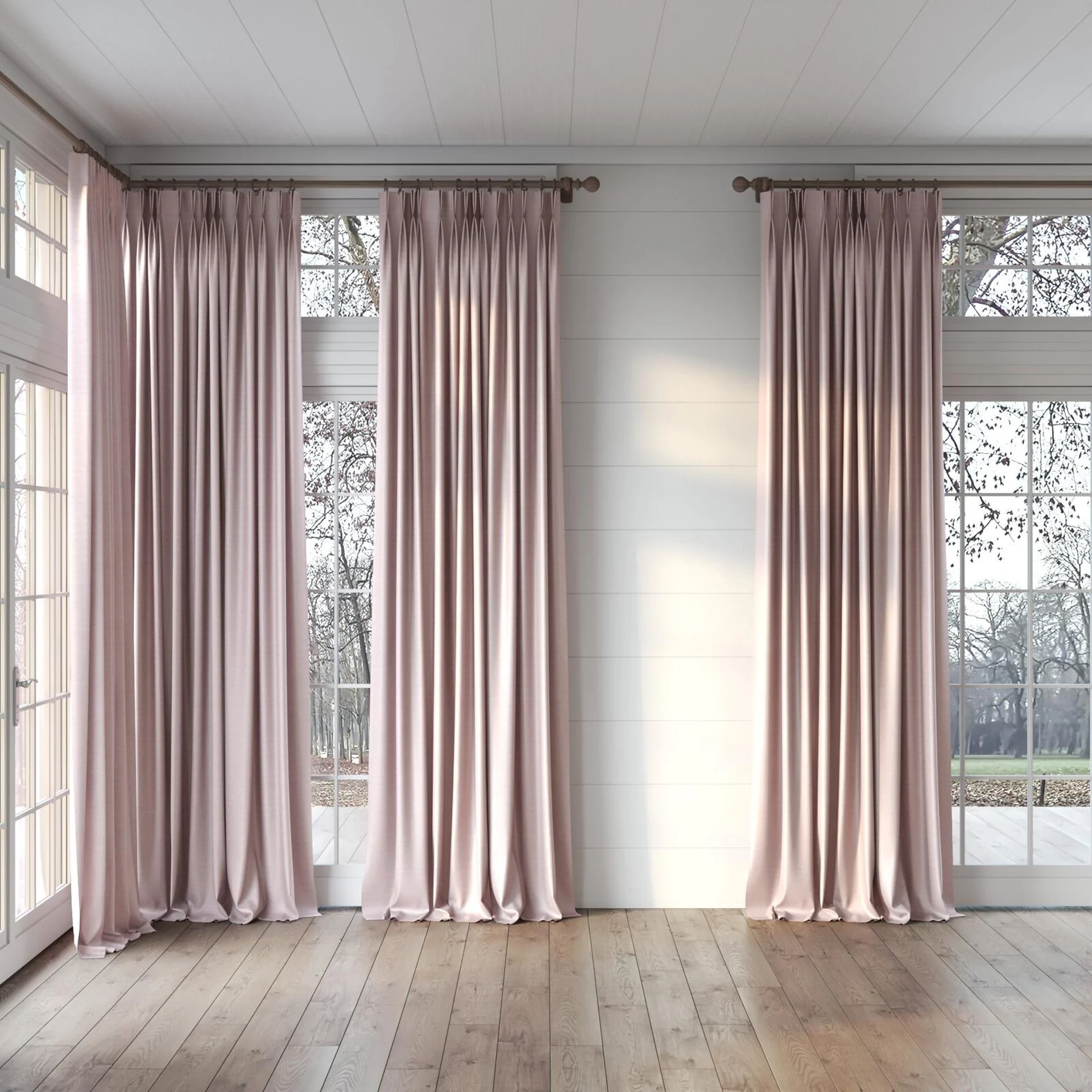 Full view of Silky Orchid, puddled, on curtain rod
