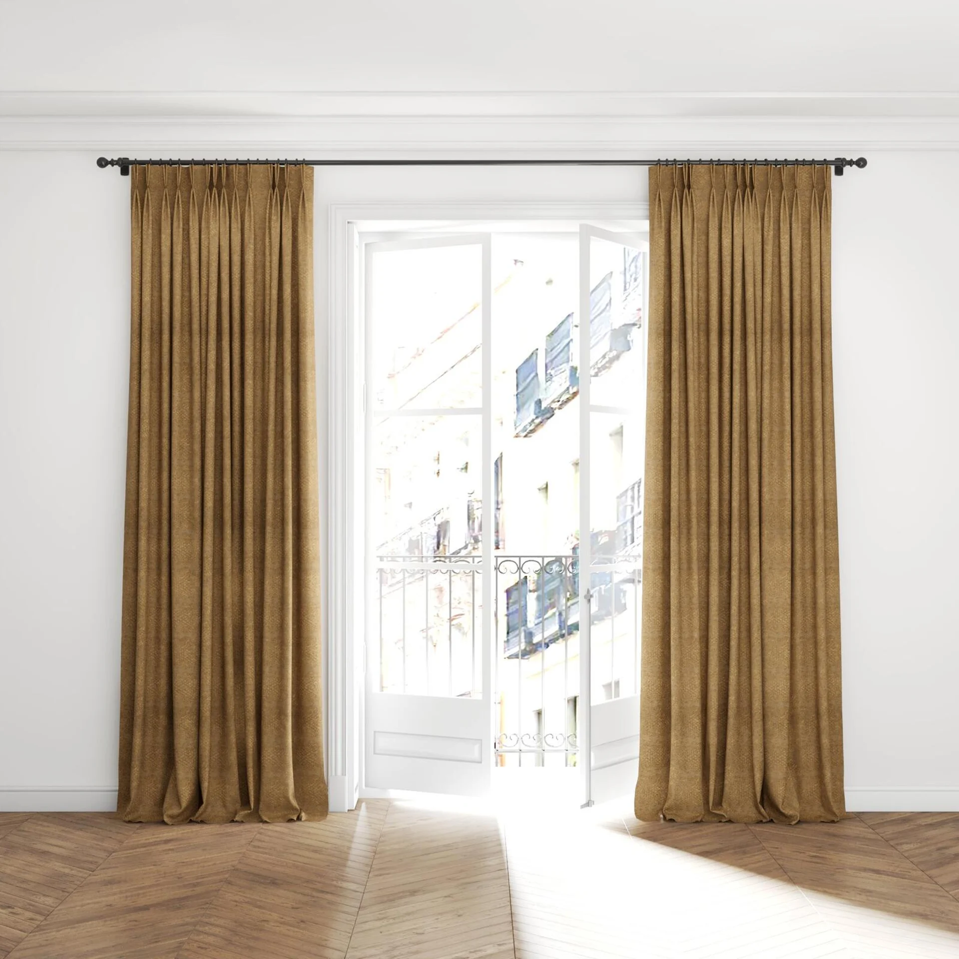 Full view of Gilda Dune, puddled with pinch pleat, on curtain rod