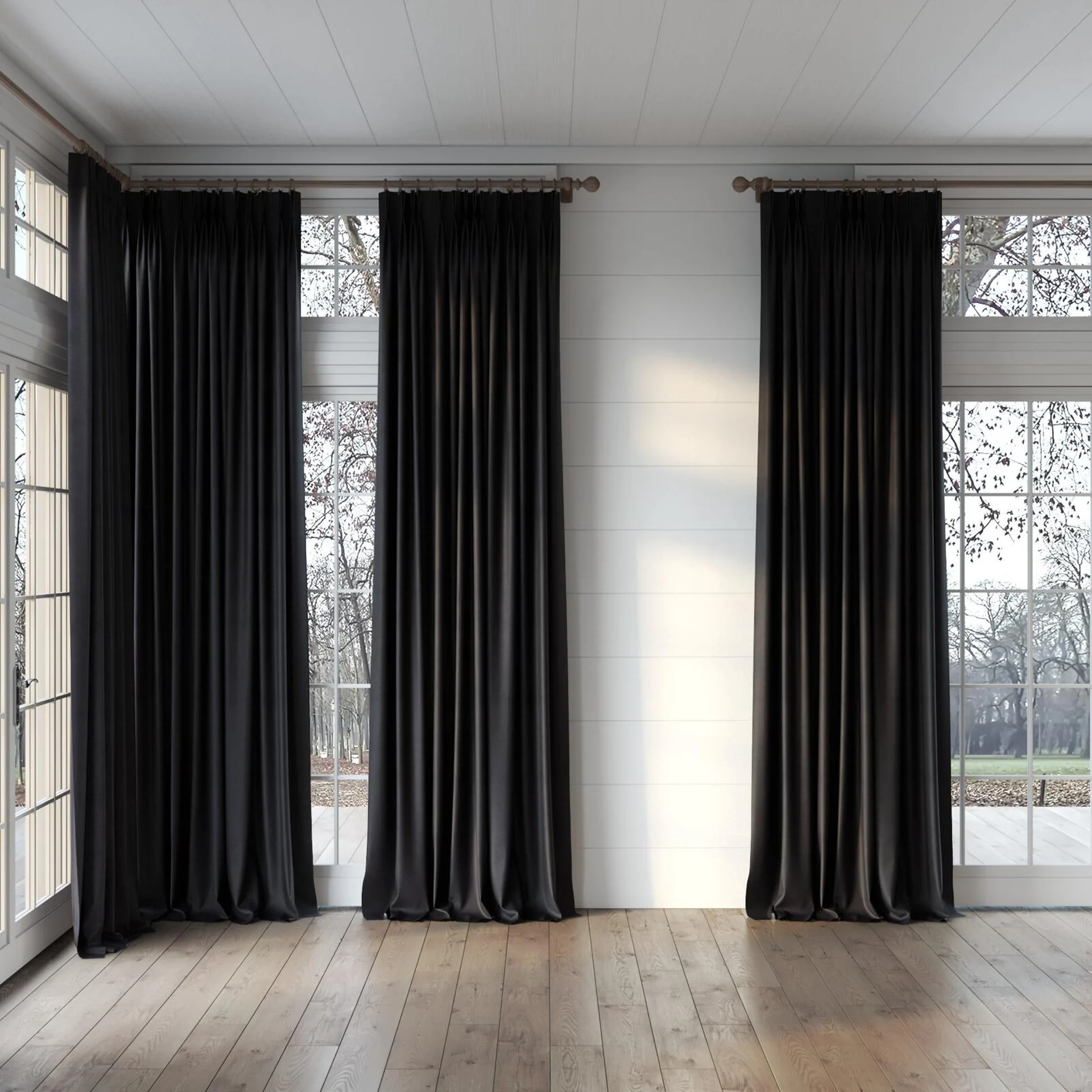 Full view of Baron Caviar, puddled, on curtain rod