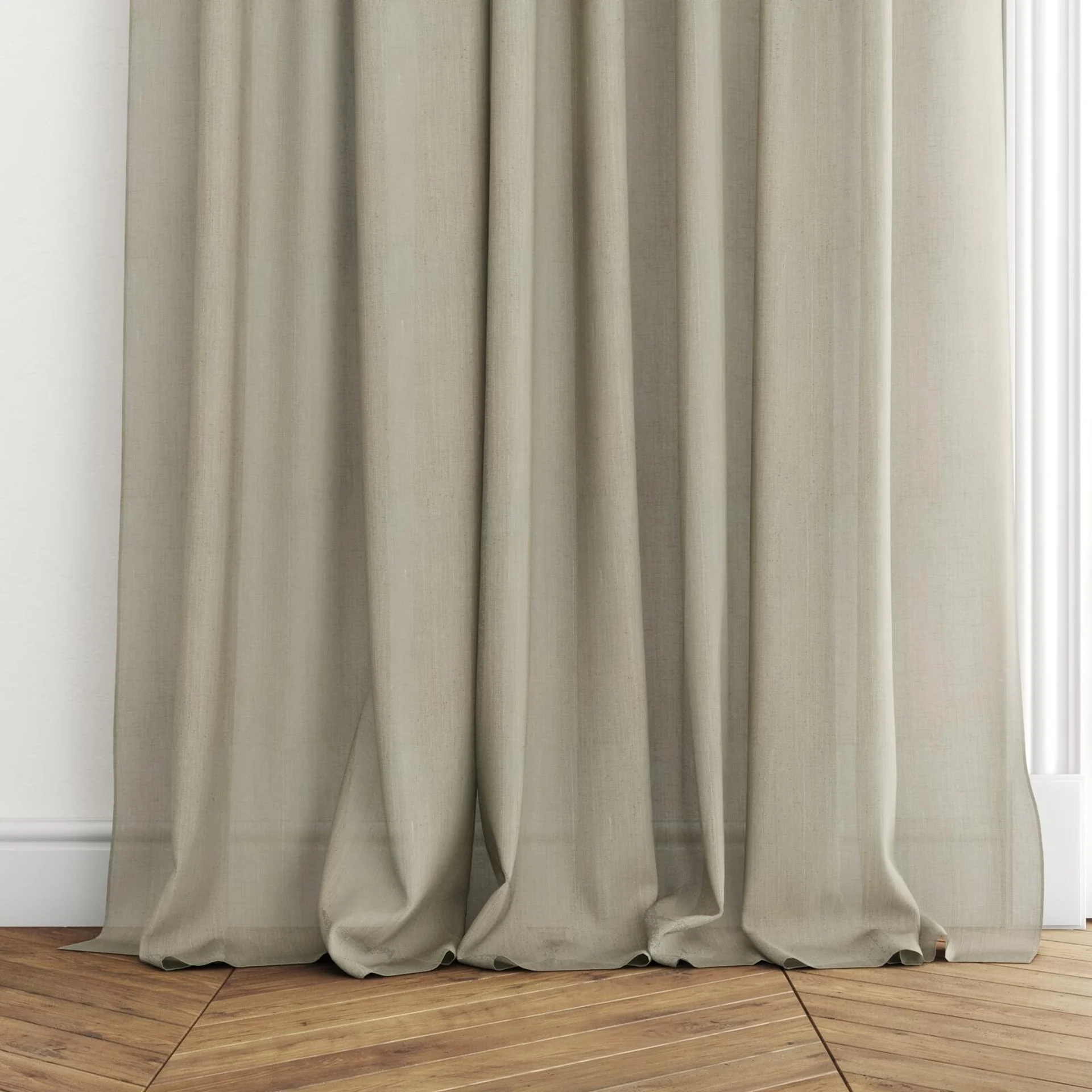 Bottom view of Antipodes Sage, puddled with pinch pleat, on curtain rod