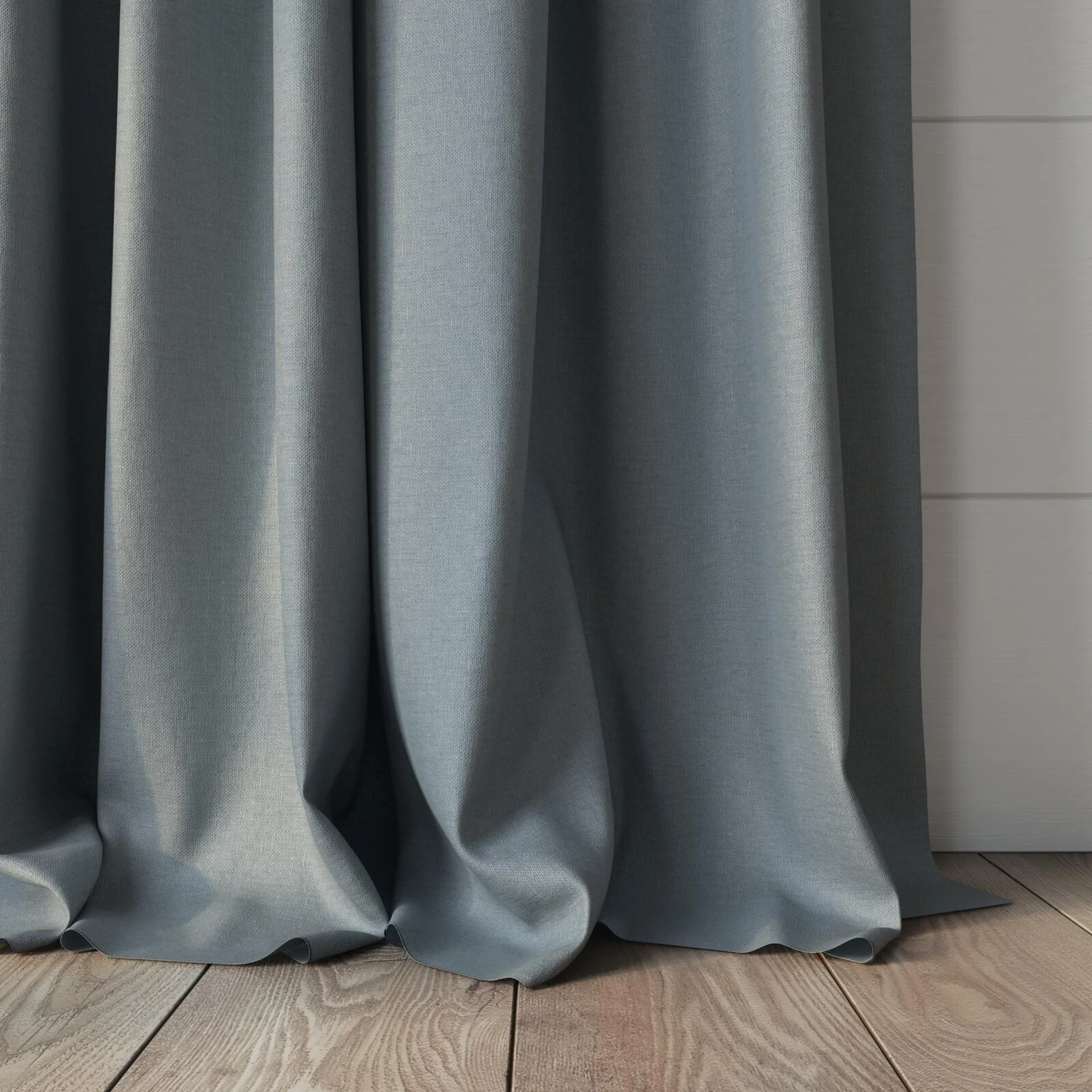 Bottom view of Infinite Powder Blue, puddled, on curtain rod