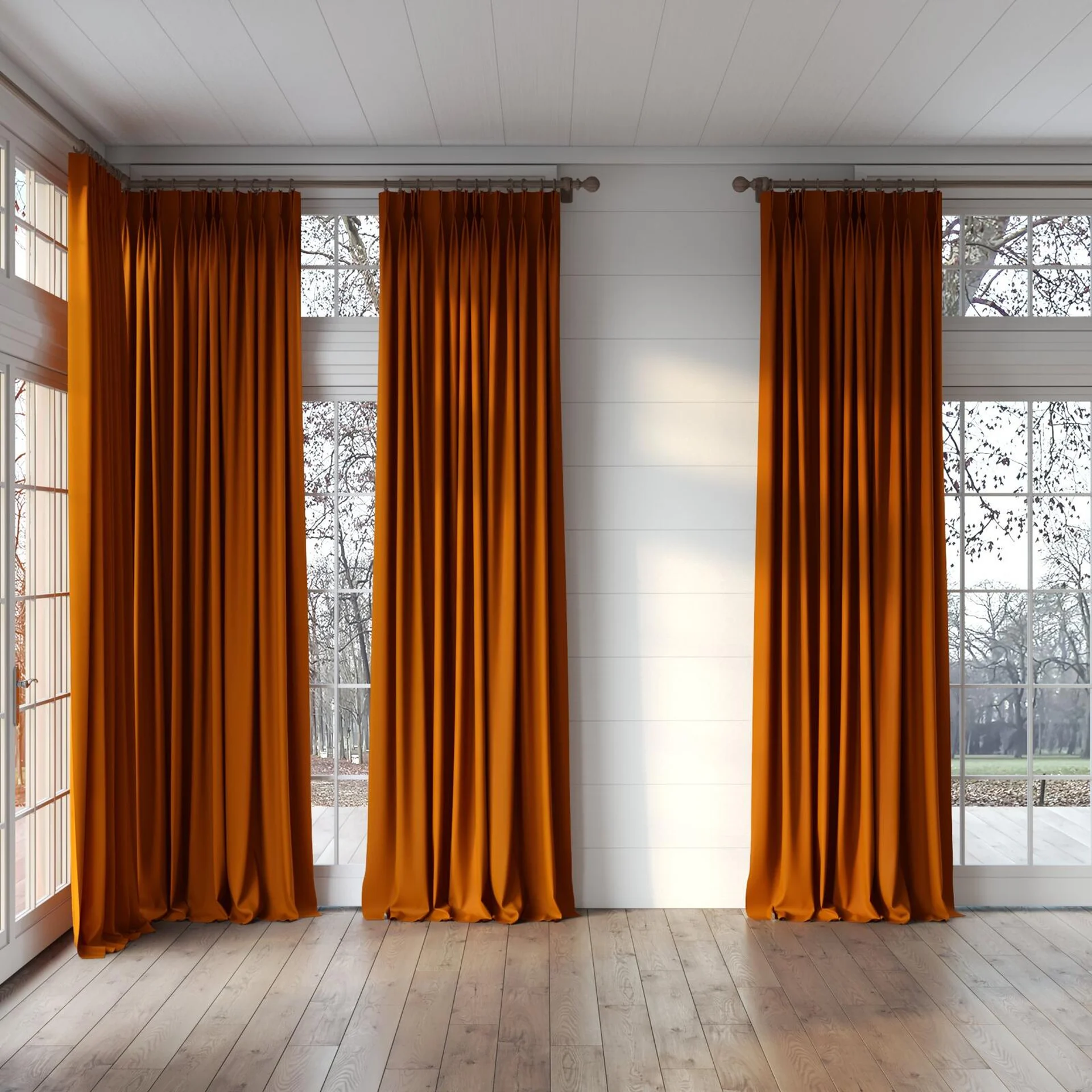 Full view of Vela Clementine, puddled, on curtain rod