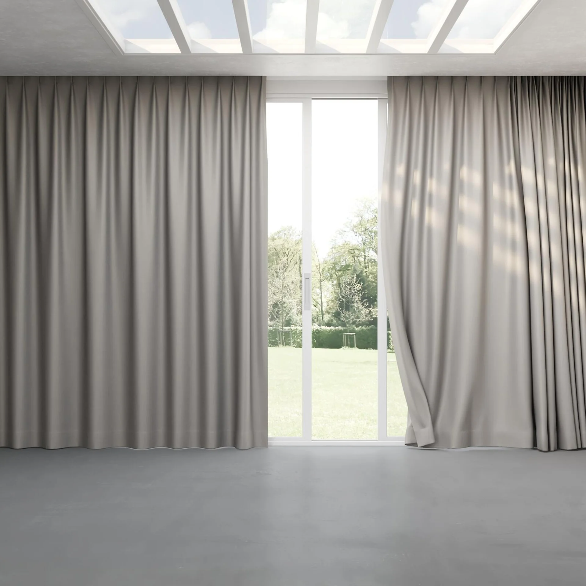 Full view of Stellar Blackout Nut, pinch pleat