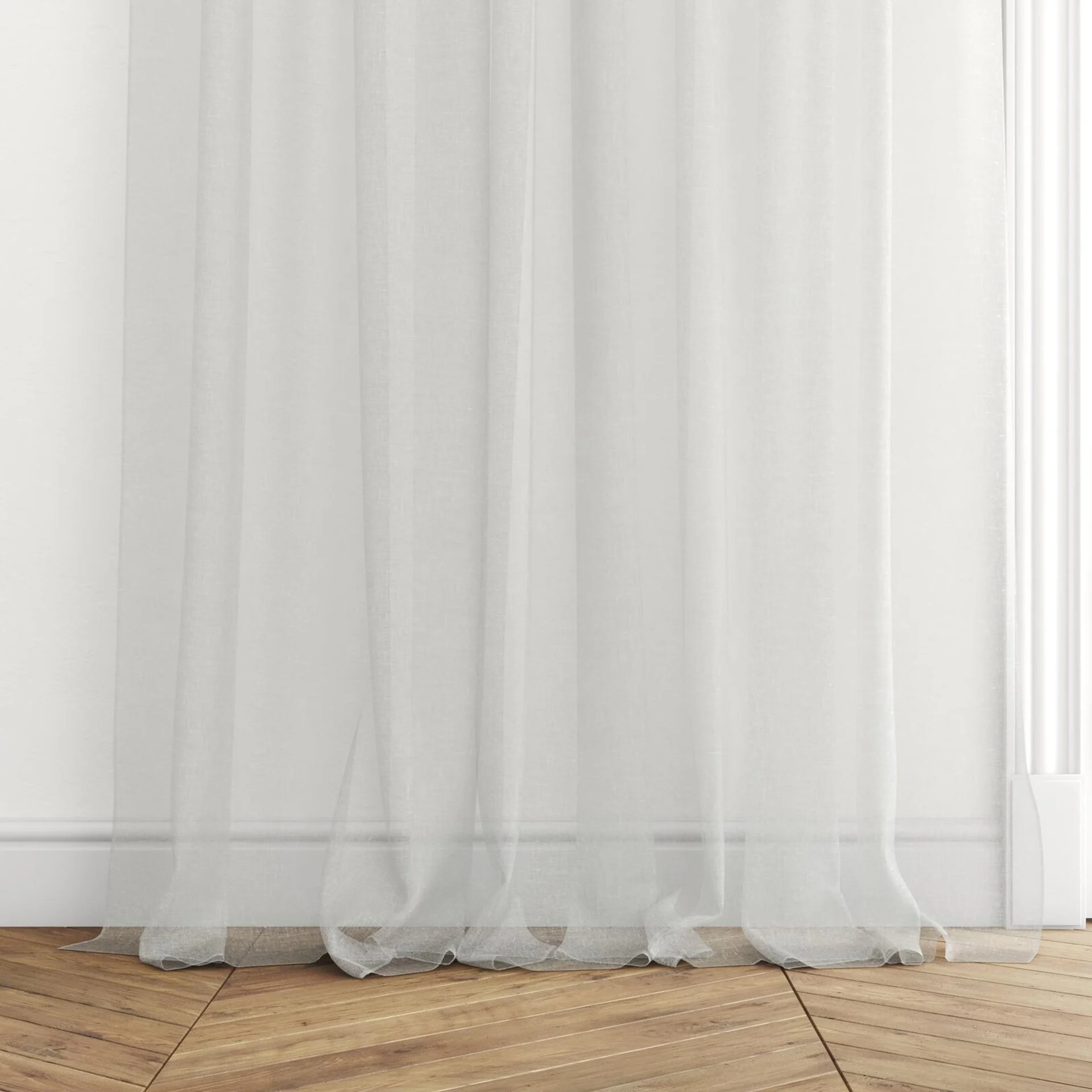 Bottom view of Rhyme Pearl, puddled with pinch pleat, on curtain rod