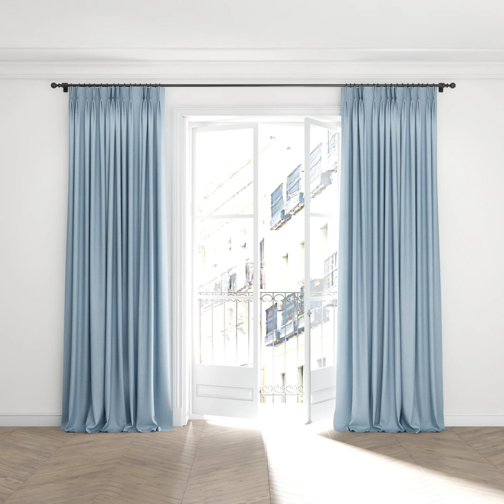 Full view of Casual Horizon, puddled with pinch pleat, on curtain rod