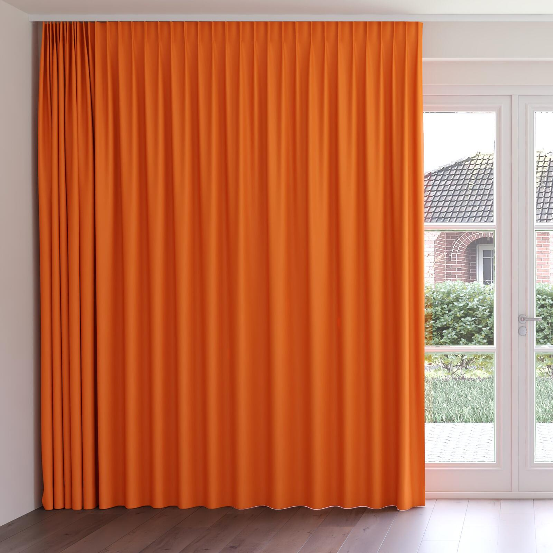 Front view of Ultra Dim Pumpkin, on curtain rail
