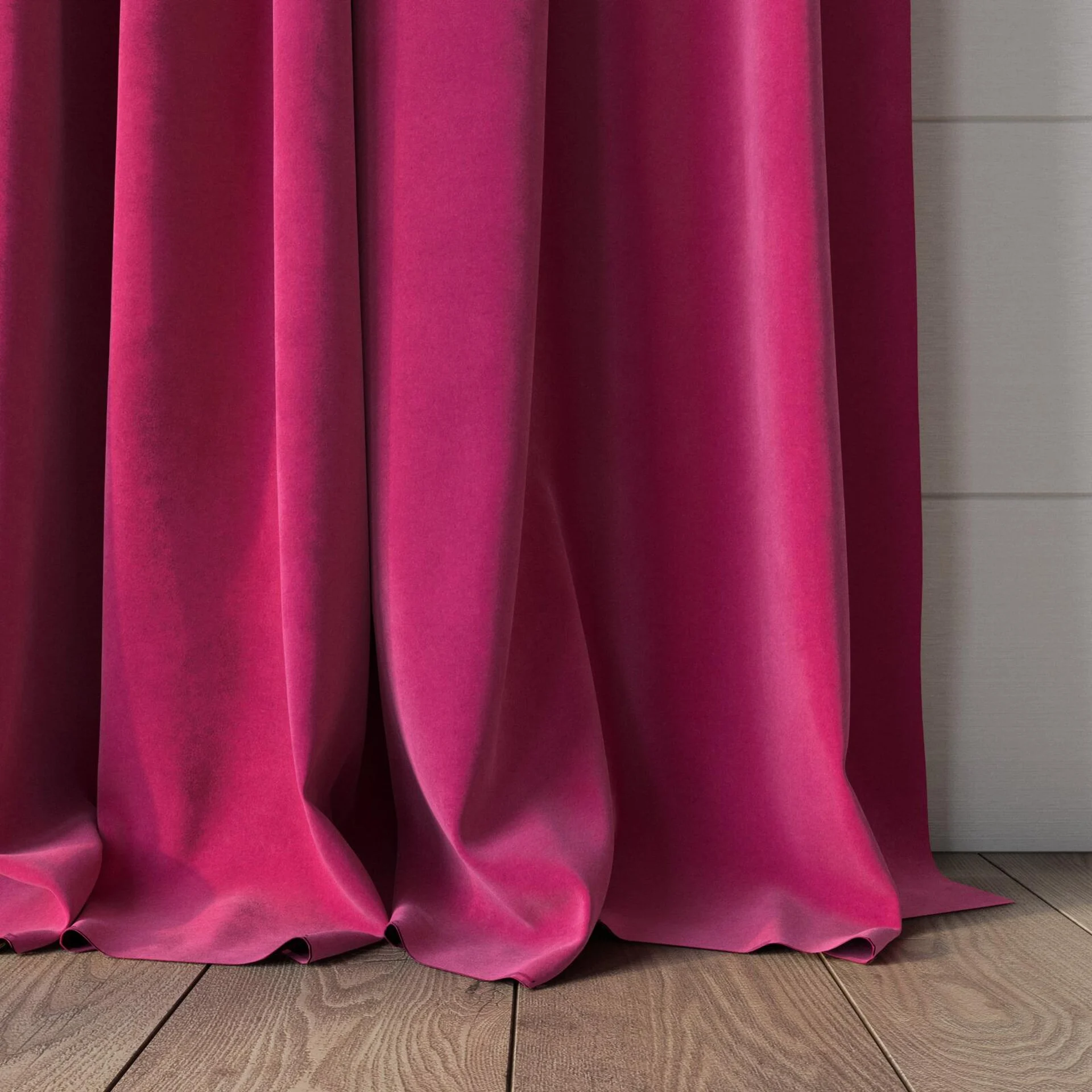 Bottom view of Lux Velvet Cerise 8509, puddled, on curtain rod