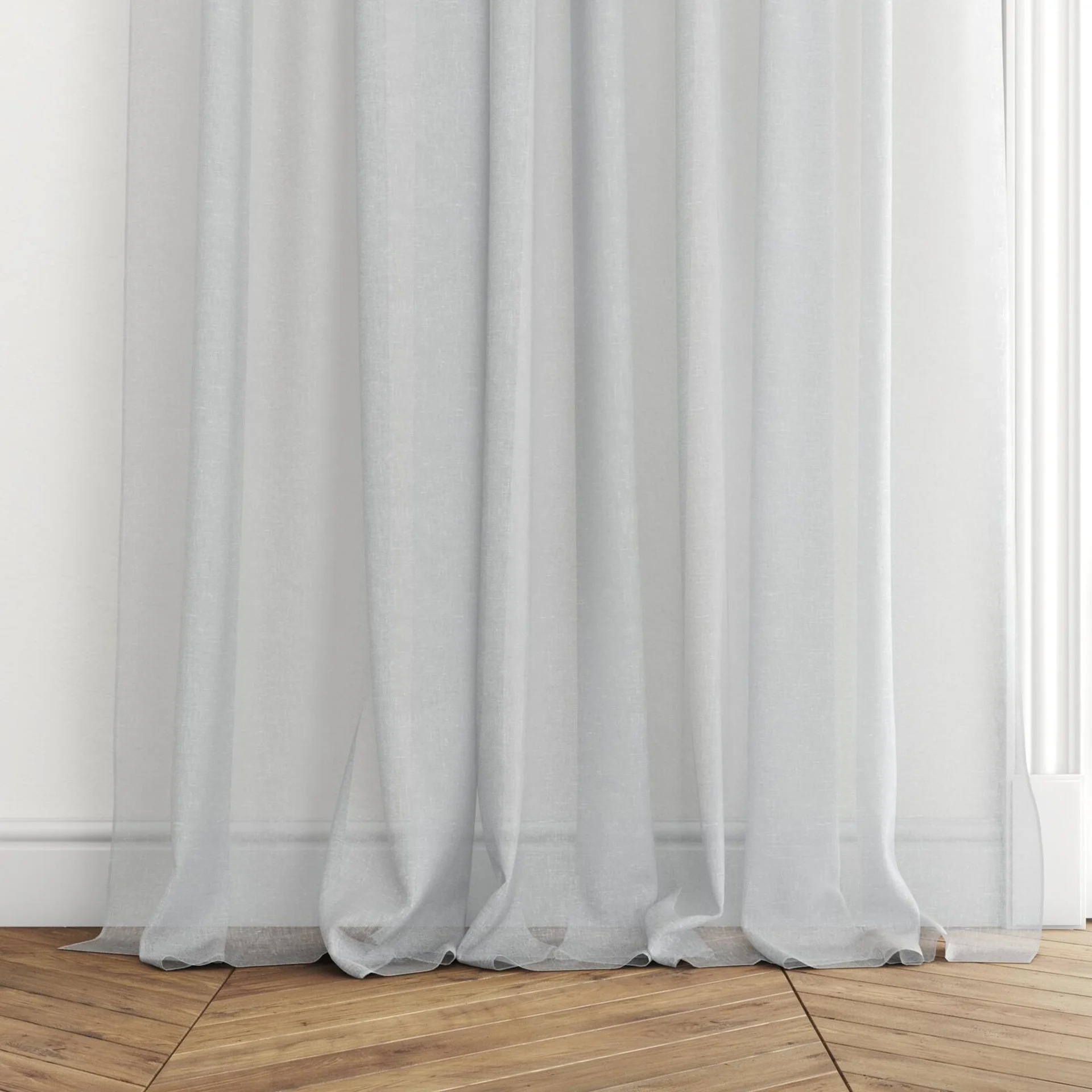 Bottom view of Tempest Sky Blue, puddled with pinch pleat, on curtain rod