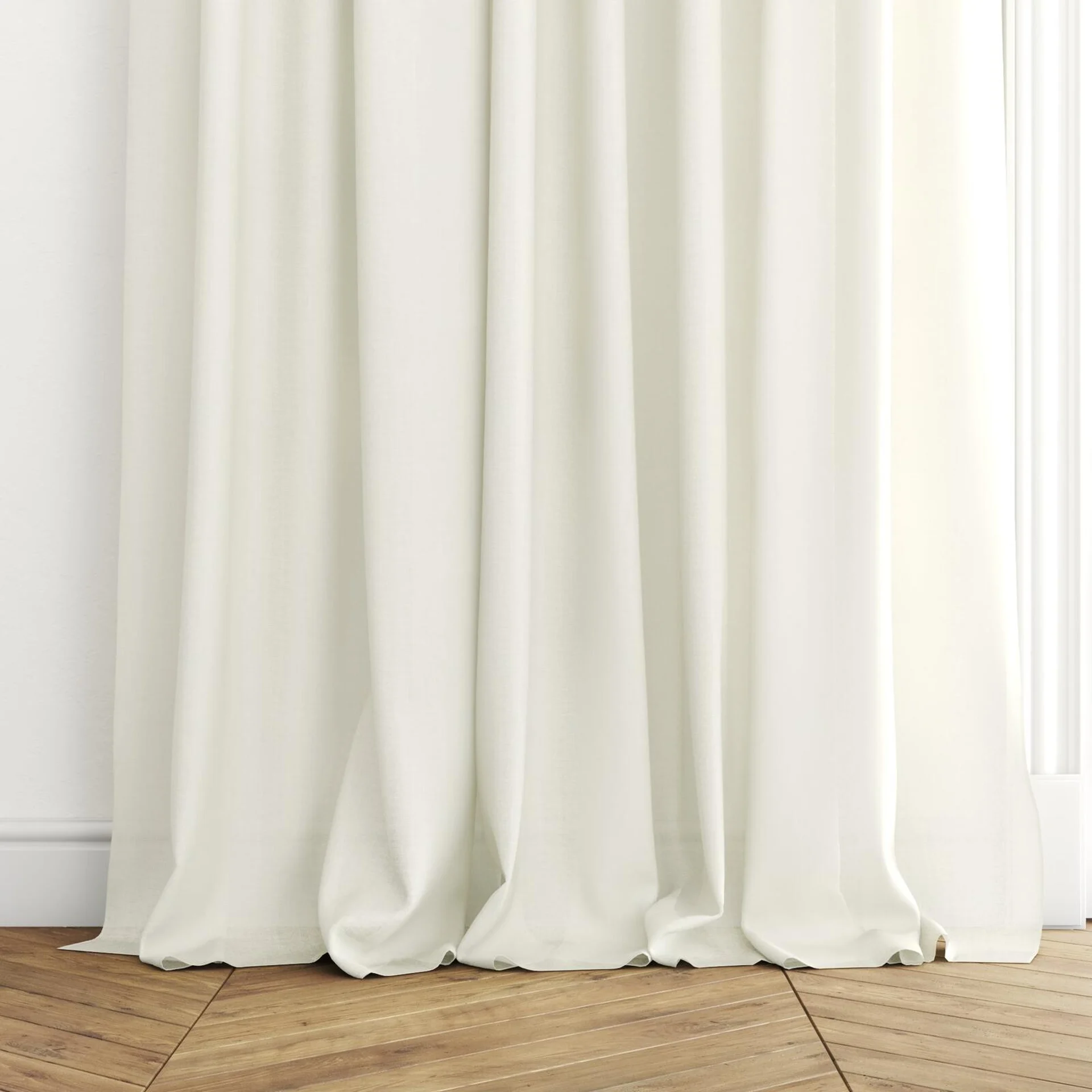 Bottom view of Gossy Cream, puddled with pinch pleat, on curtain rod
