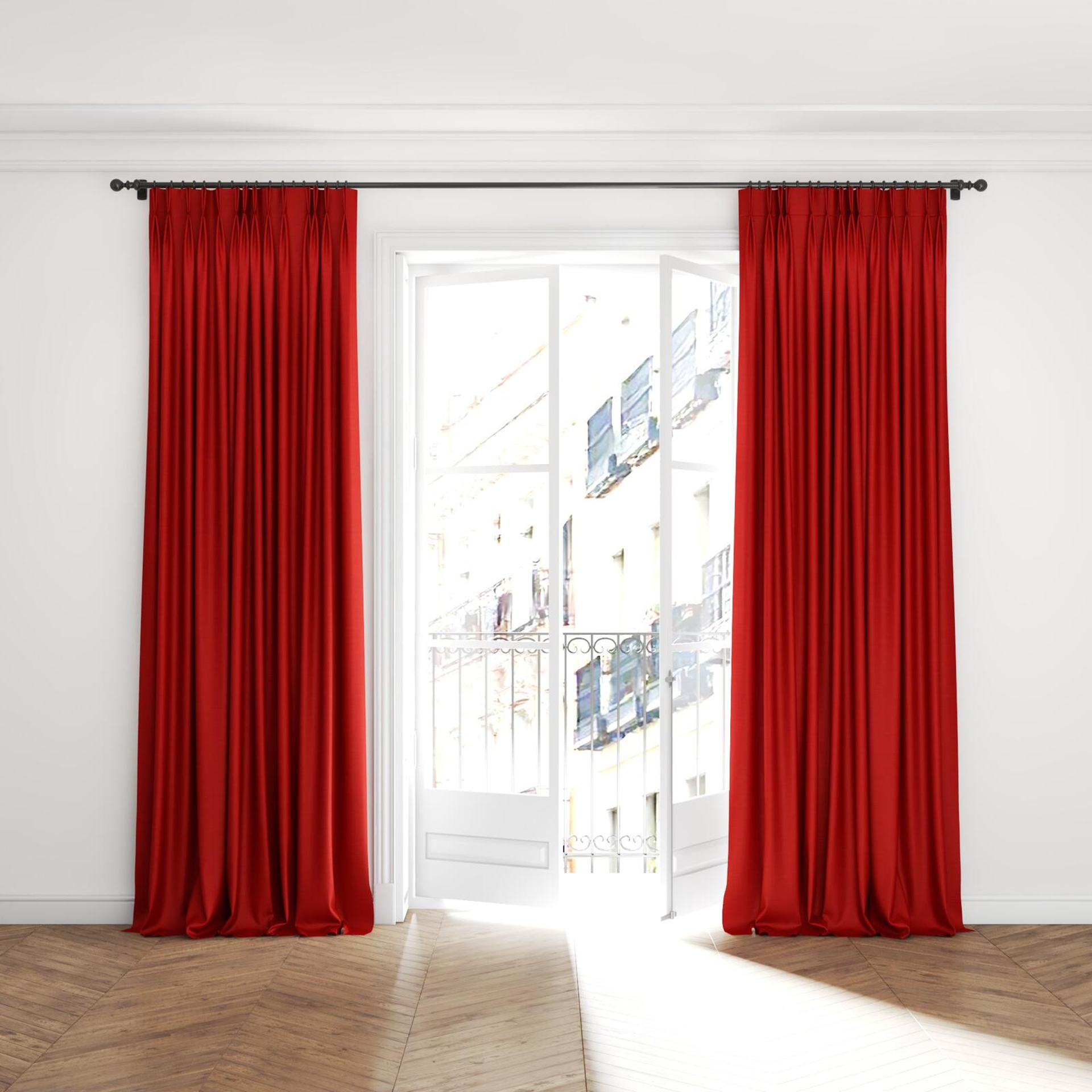 Full view of Linex Cerise, puddled with pinch pleat, on curtain rod