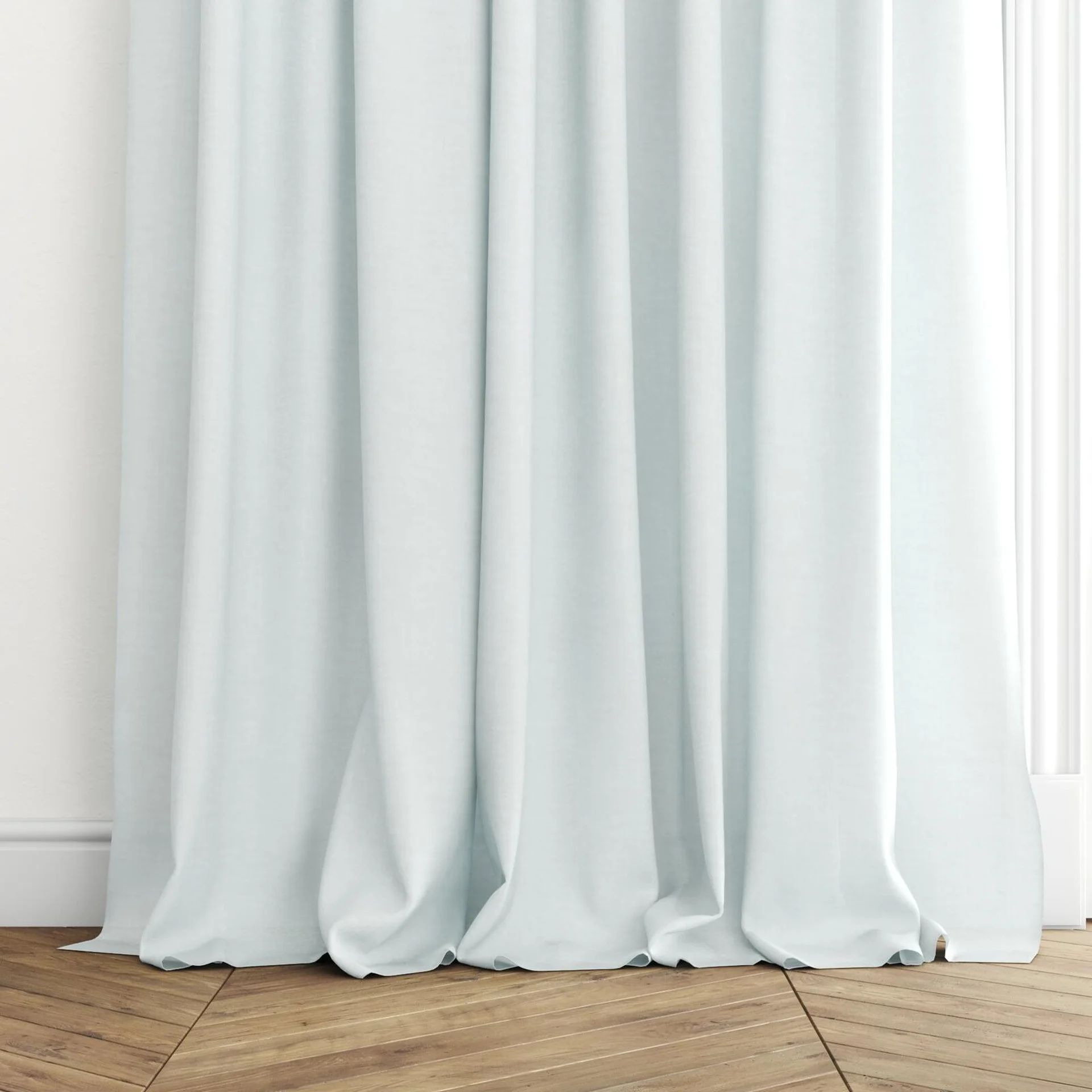 Bottom view of Arcadia Mineral, puddled with pinch pleat, on curtain rod