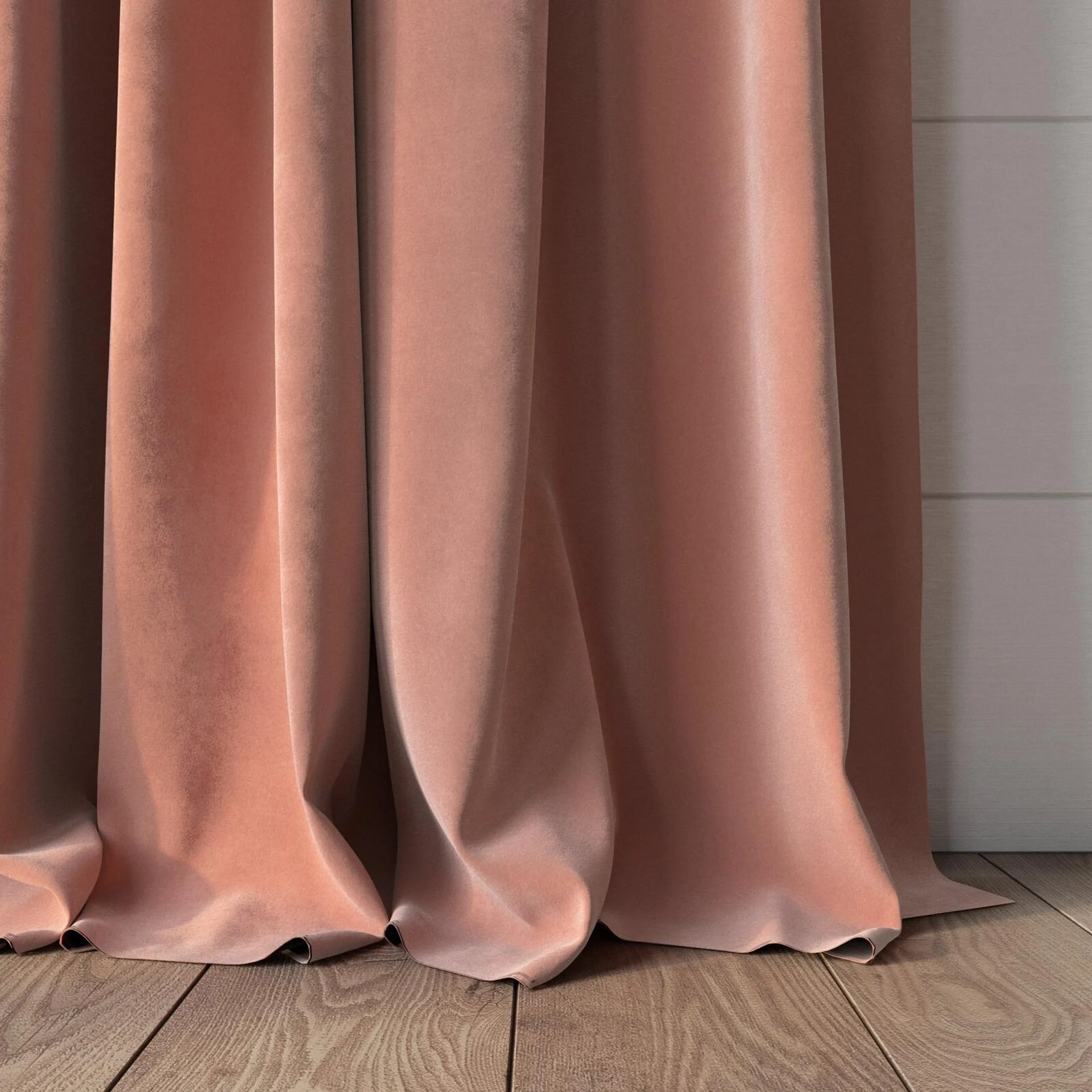 Bottom view of Lux Velvet Pink 8506, puddled, on curtain rod