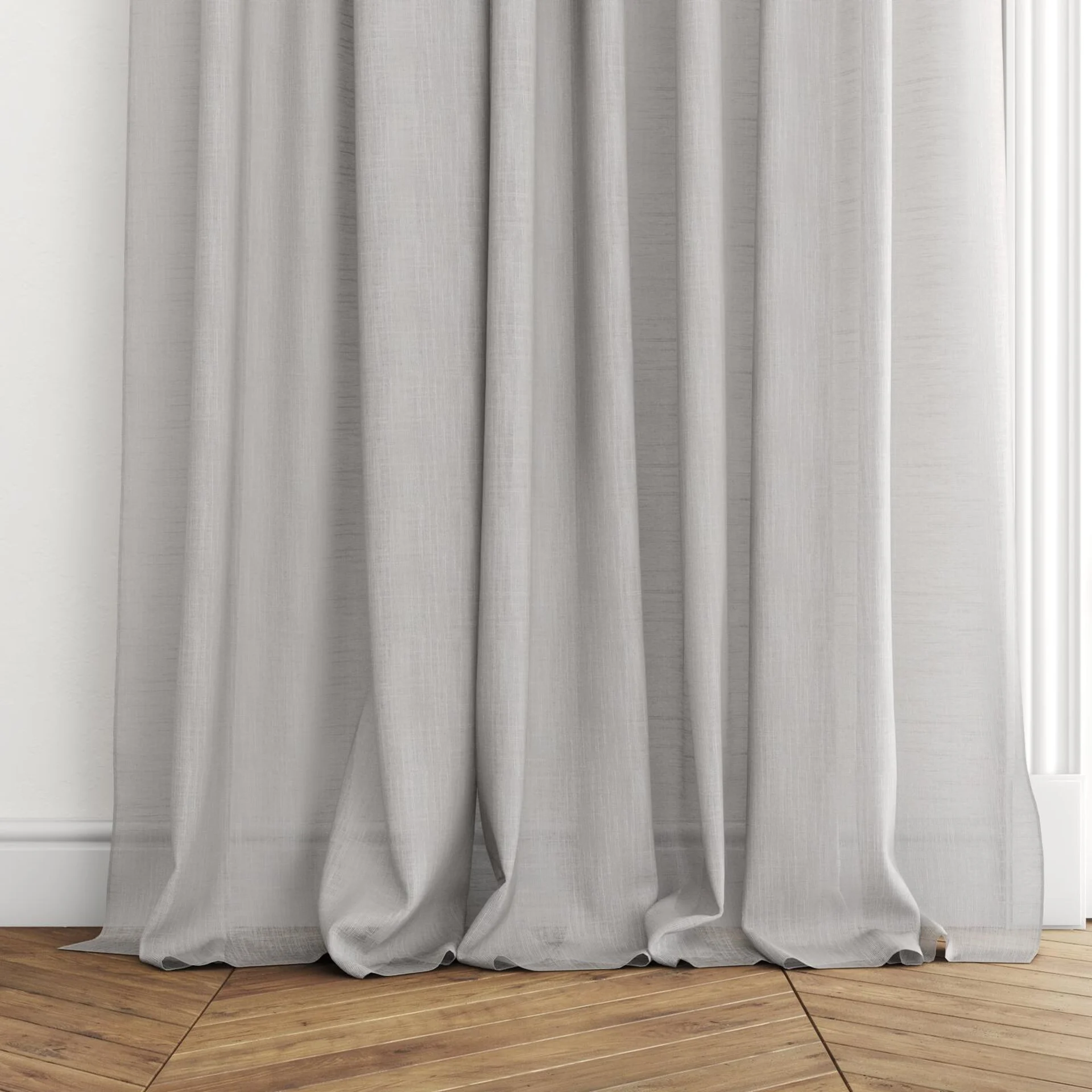 Bottom view of Angelic Rock, puddled with pinch pleat, on curtain rod