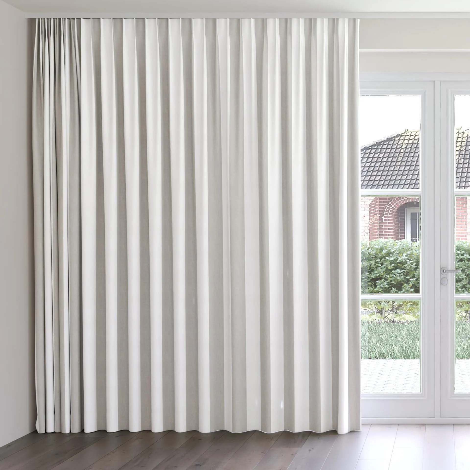 Front view of Chambray Bold Sepia, on curtain rail