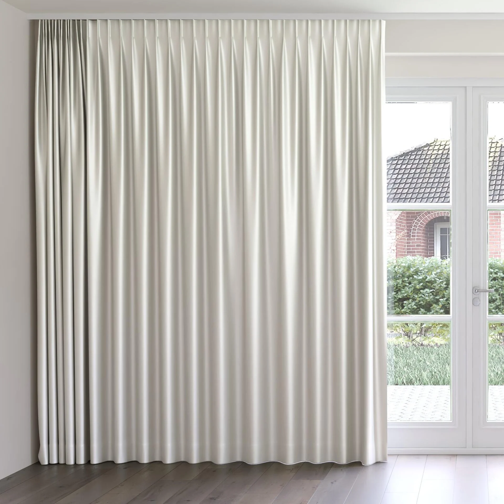 Front view of North Face Ivory, on curtain rail