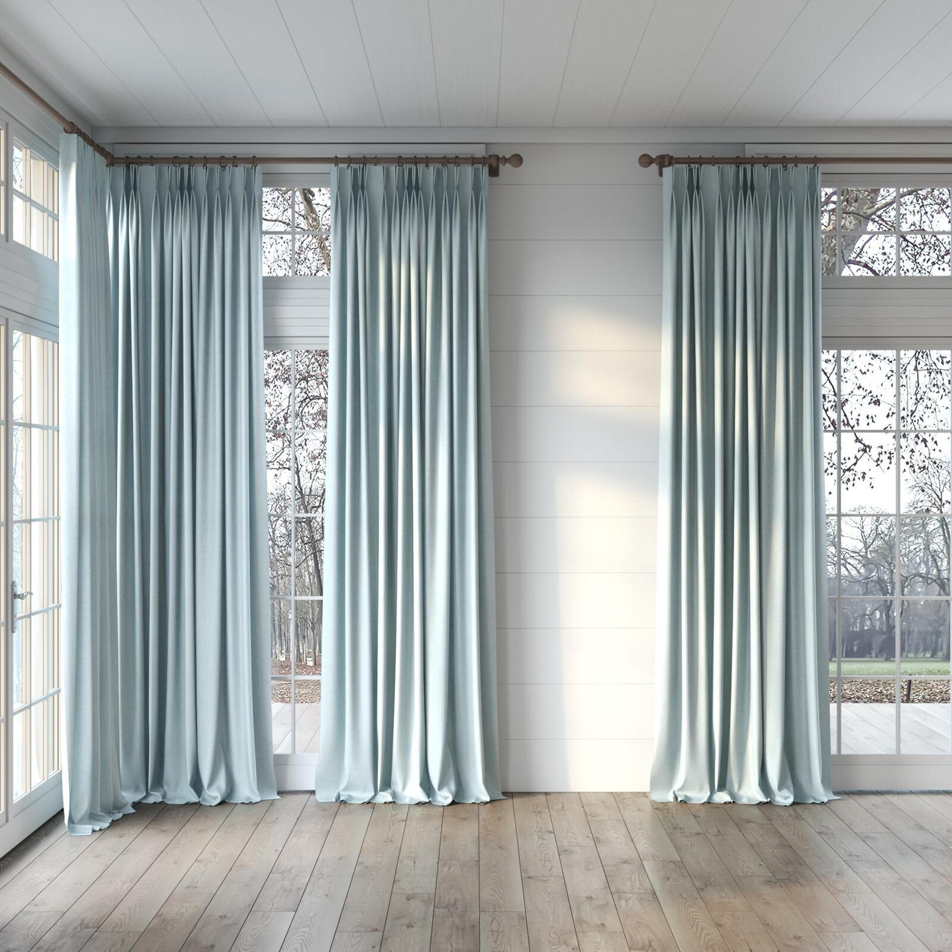 Full view of Liberate Aqua, puddled, on curtain rod
