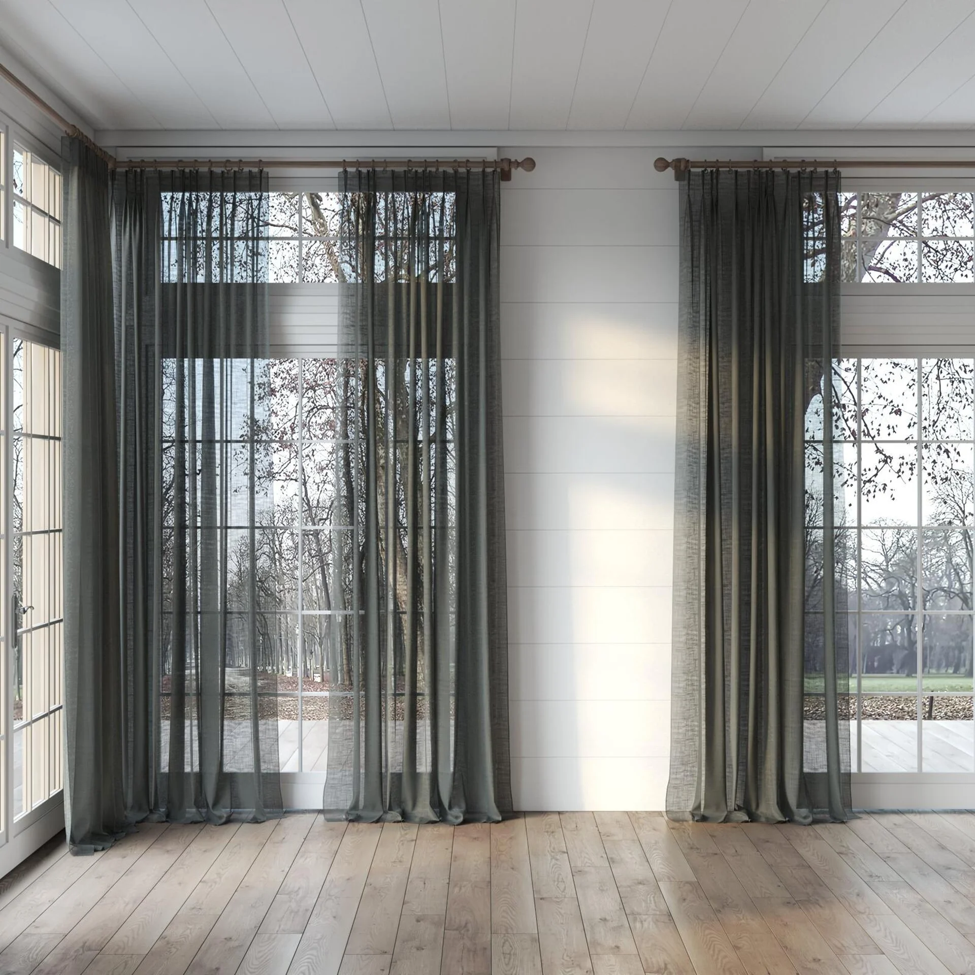 Full view of Verdant Charcoal, puddled, on curtain rod