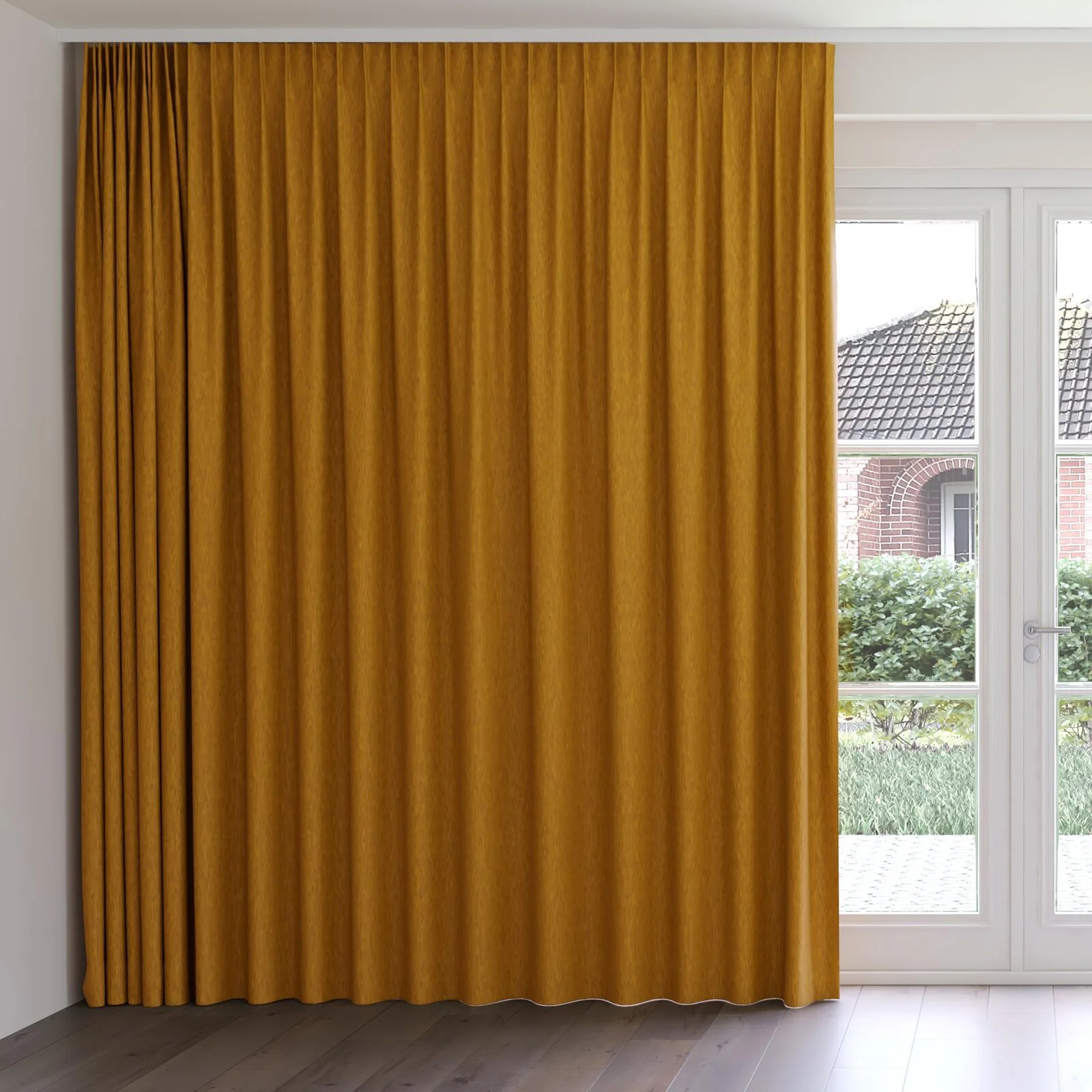 Front view of Tuxedo Nugget, on curtain rail