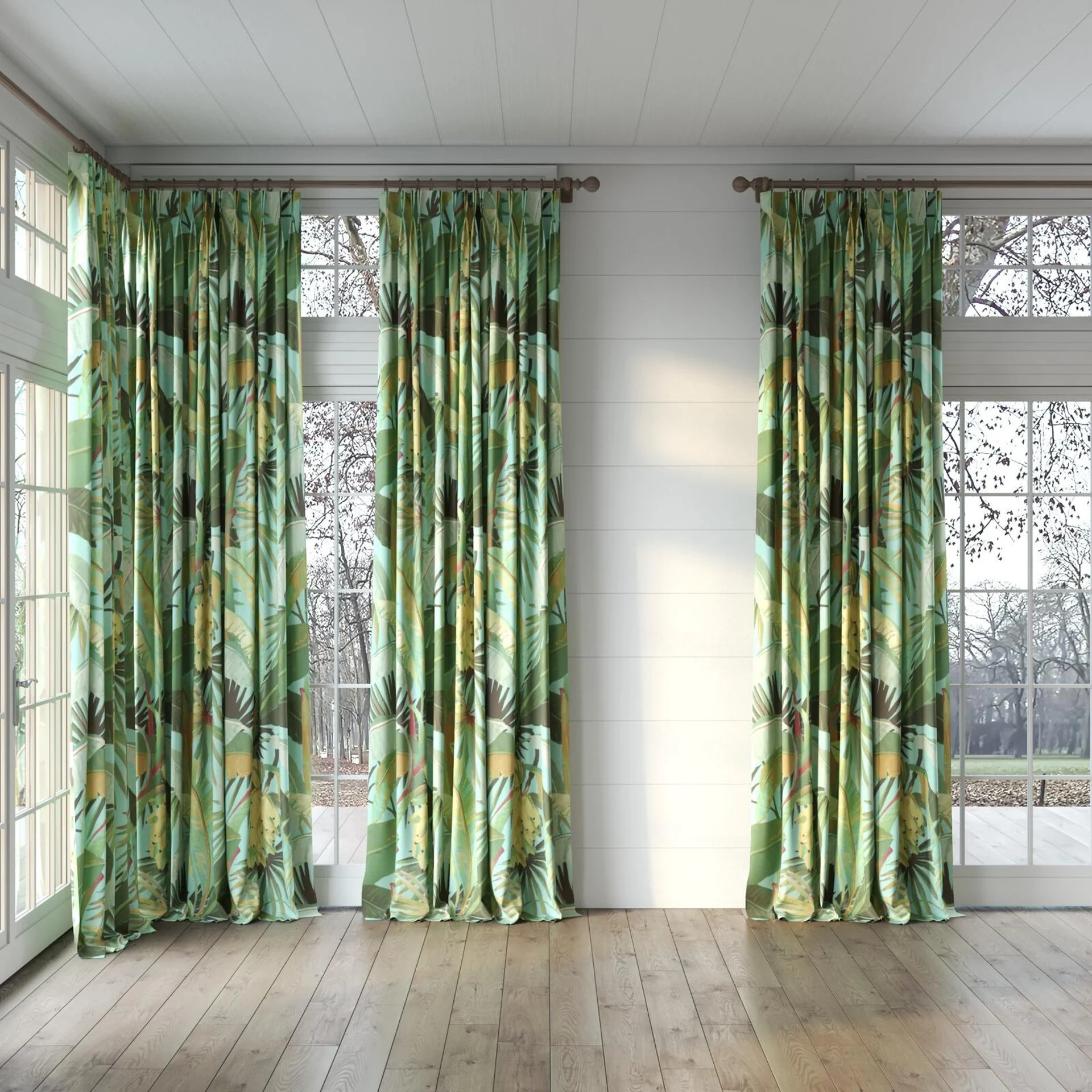 Full view of La Palma Aqua, puddled, on curtain rod