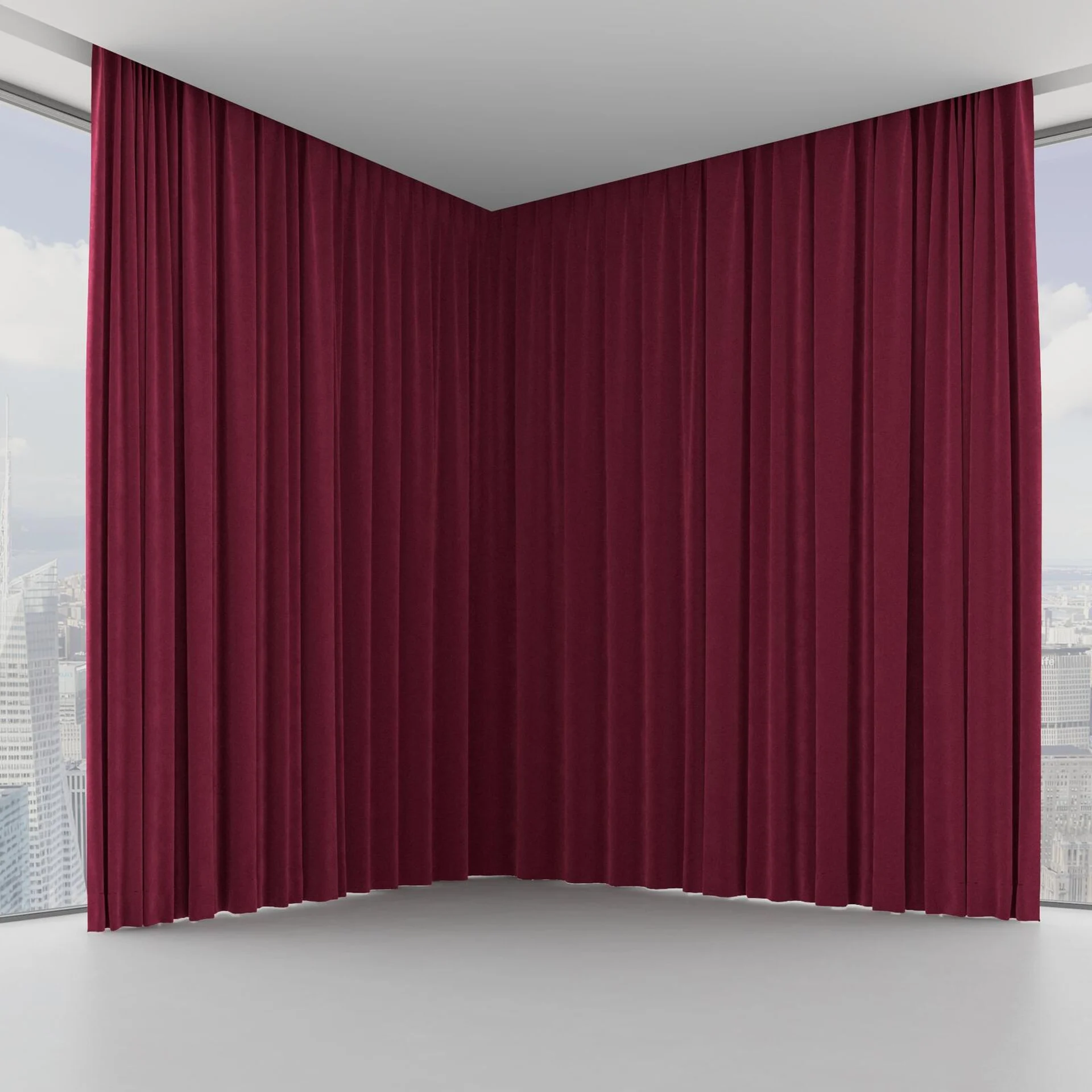 Front view of Lux Velvet Burgundy 10723, on hidden rail
