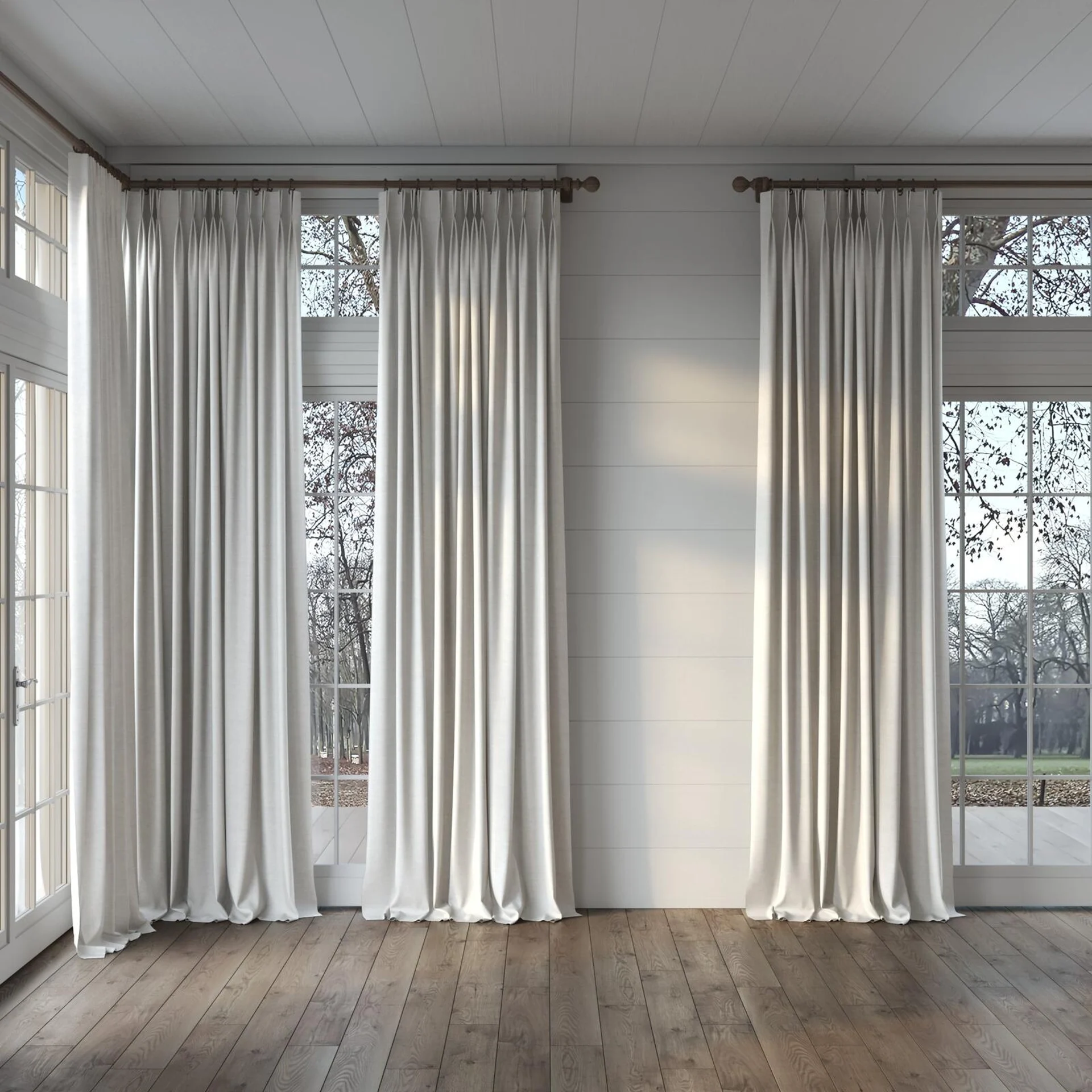 Full view of Drama Silver, puddled, on curtain rod