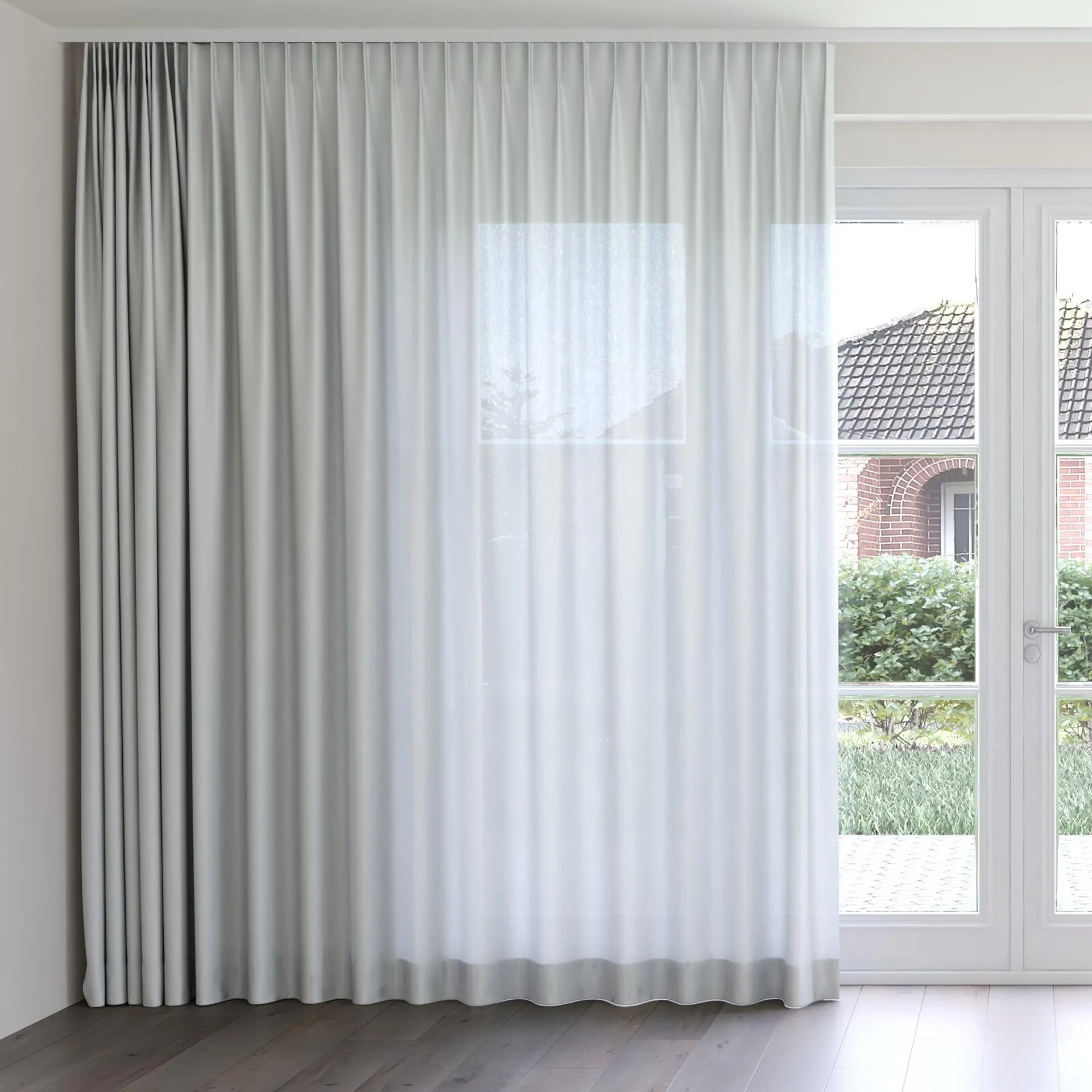 Front view of Linen Pumice, on curtain rail