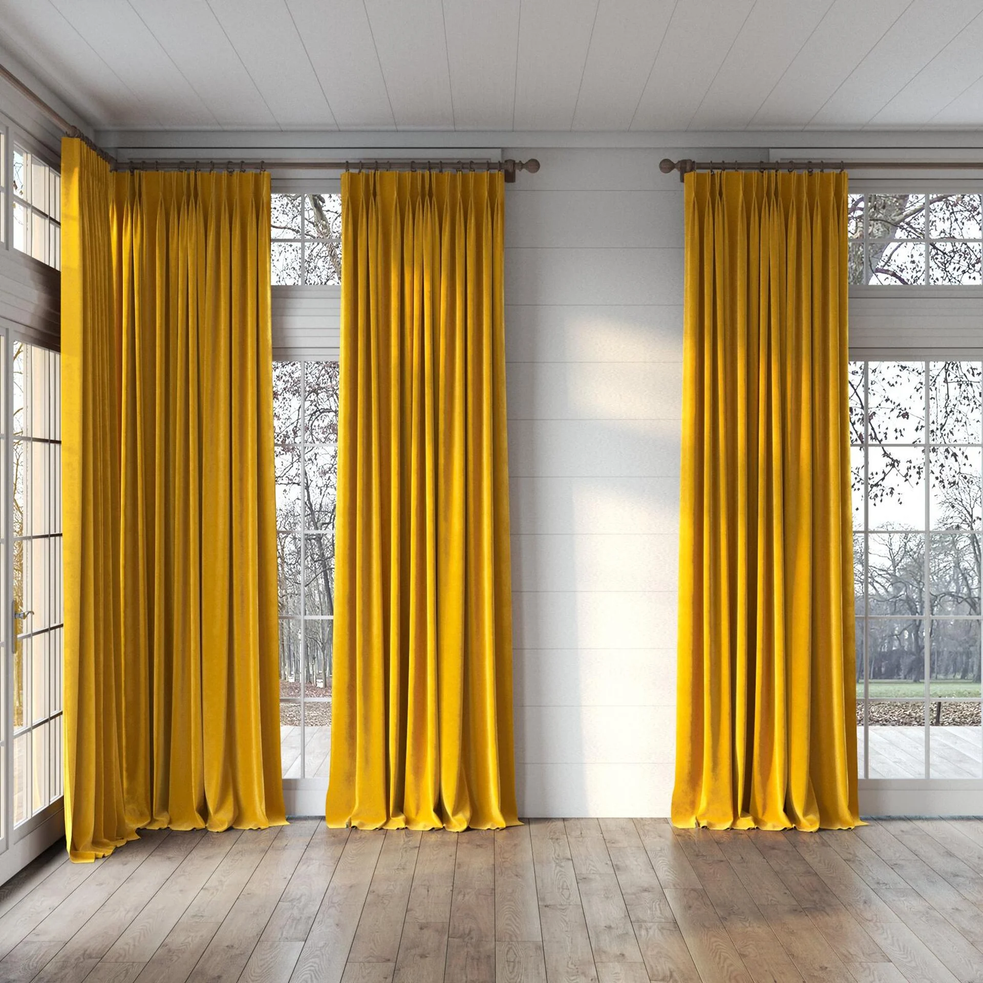 Full view of Lux Velvet Gold 8201, puddled, on curtain rod