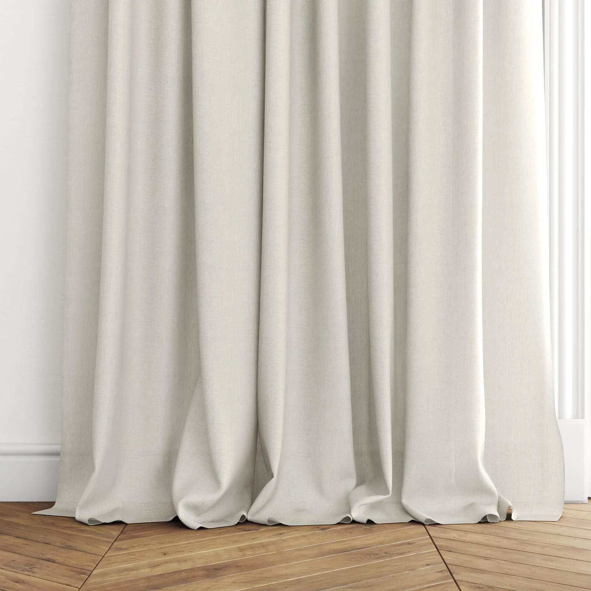 Bottom view of Elegance Sesame, puddled with pinch pleat, on curtain rod