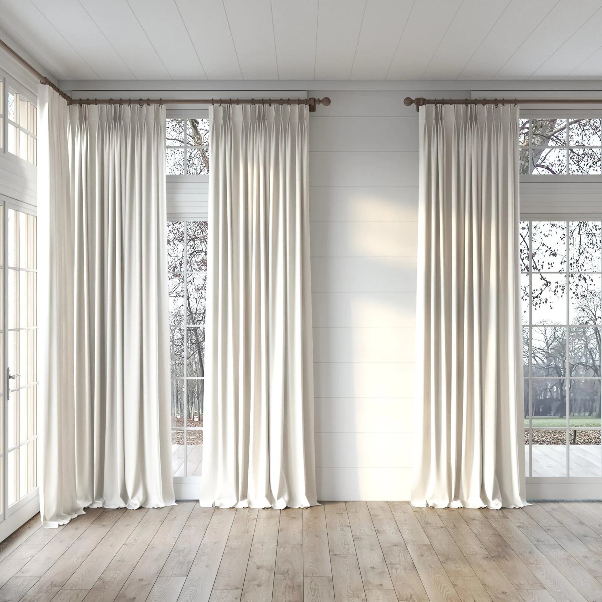 Full view of Yugen Sand, puddled, on curtain rod