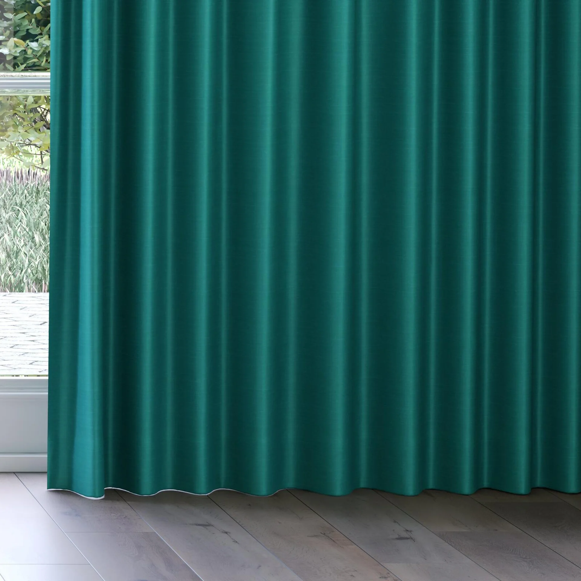 Bottom view of Silky Baltic, on curtain rail