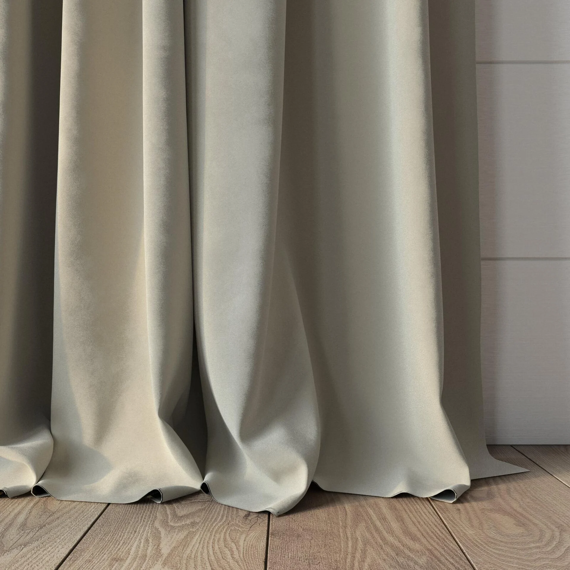 Bottom view of Velvelux Nougat, puddled, on curtain rod