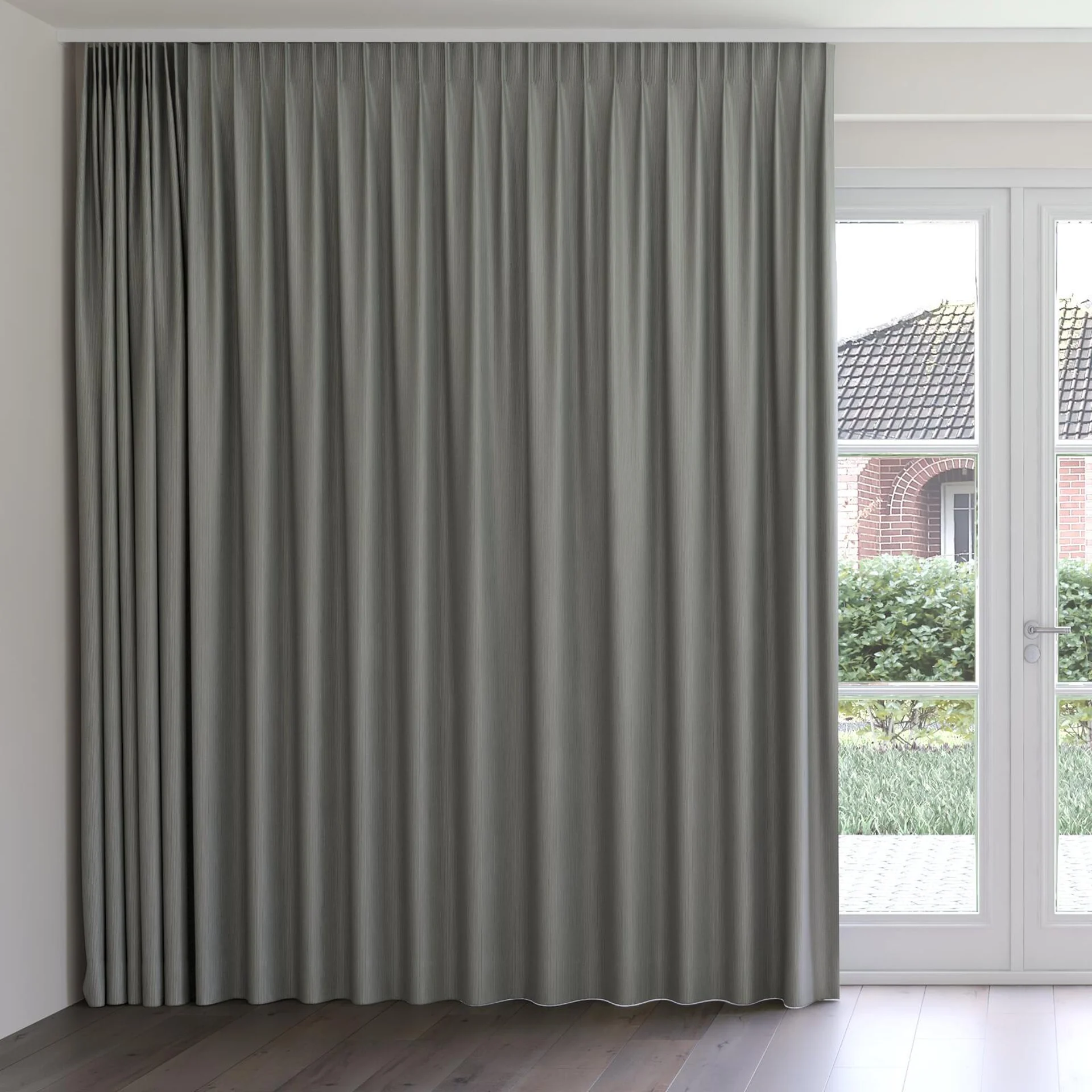 Front view of Sinuous Tin, on curtain rail
