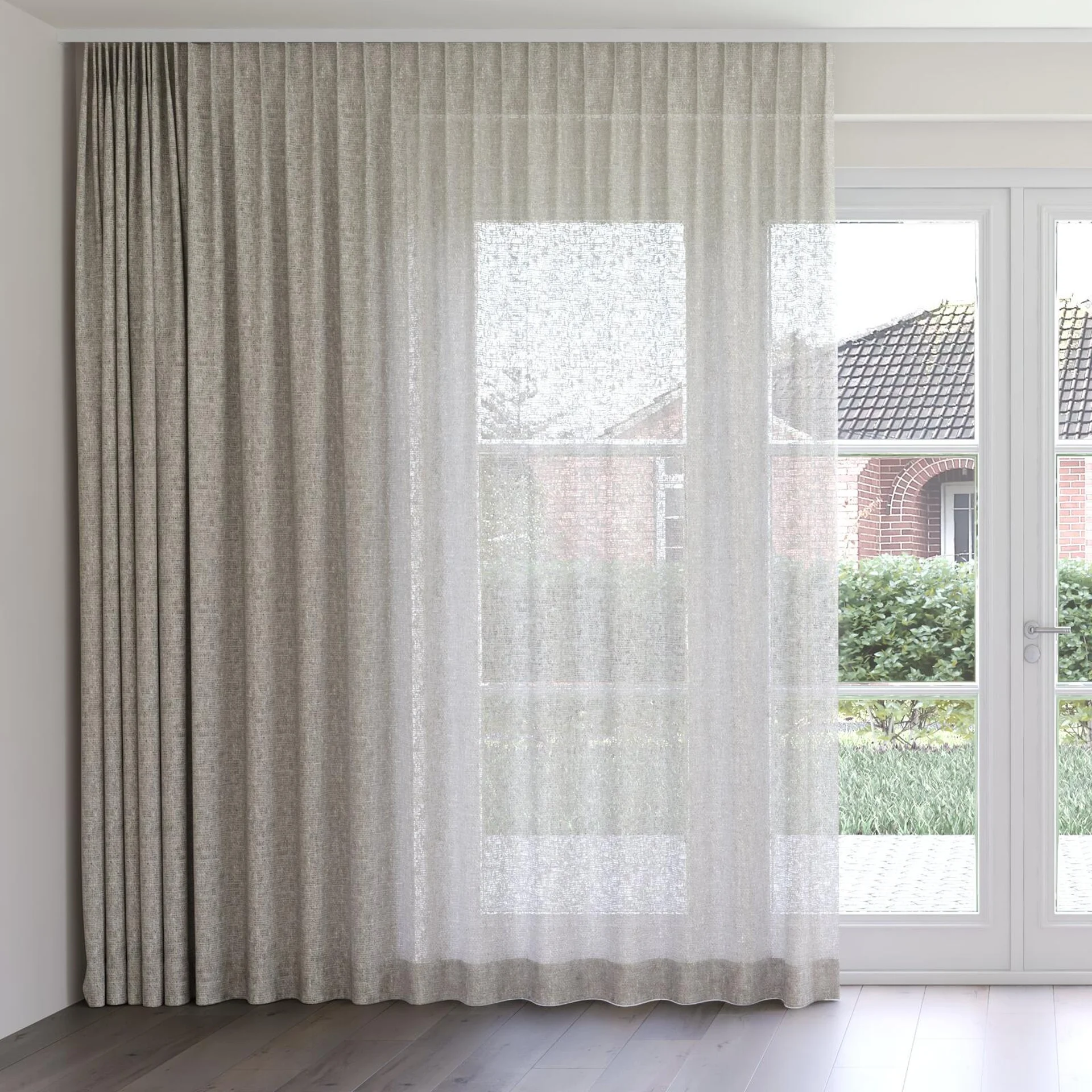 Front view of Handloom Opal, on curtain rail