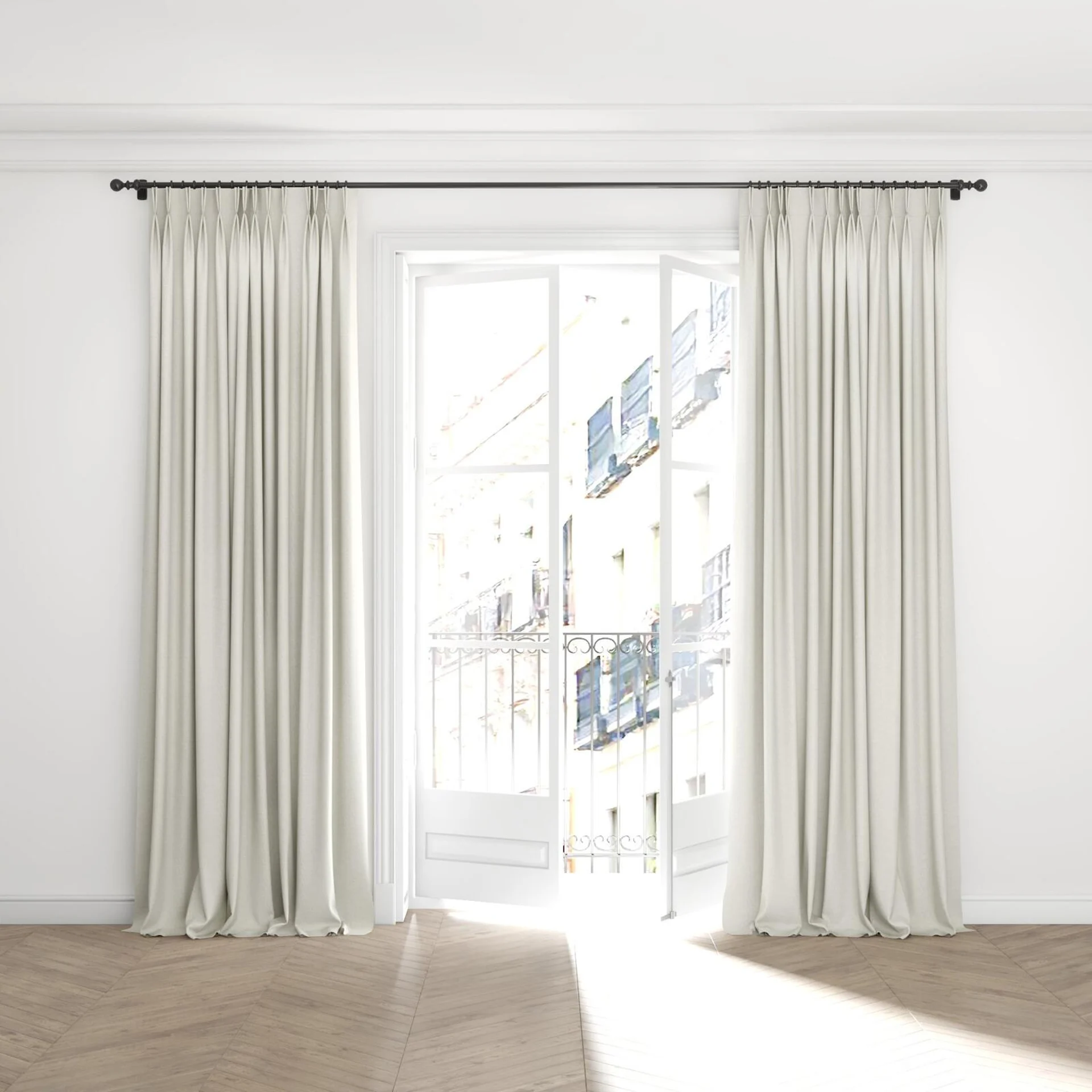 Full view of Casual Ivory, puddled with pinch pleat, on curtain rod