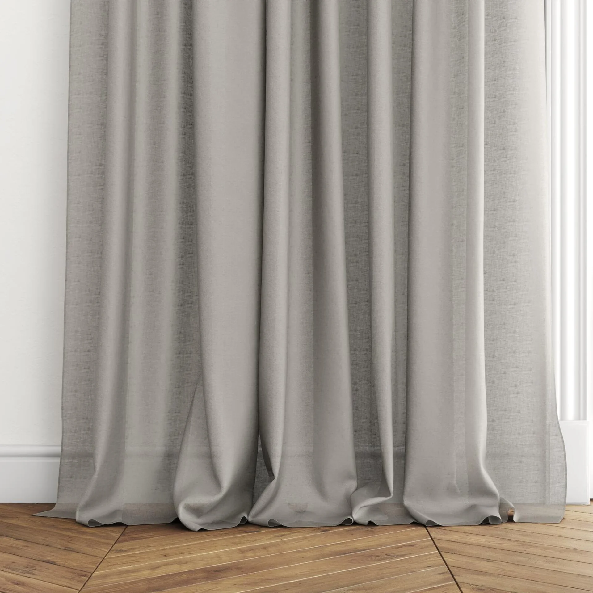 Bottom view of Kanso Stonewash Sable, puddled with pinch pleat, on curtain rod