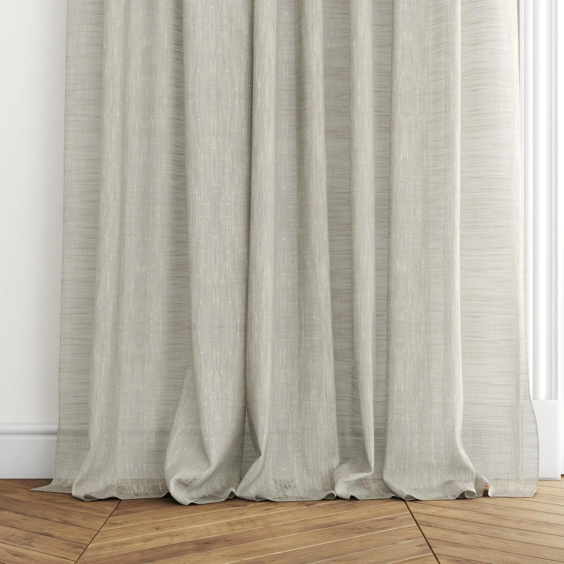 Bottom view of Zip Dune, puddled with pinch pleat, on curtain rod