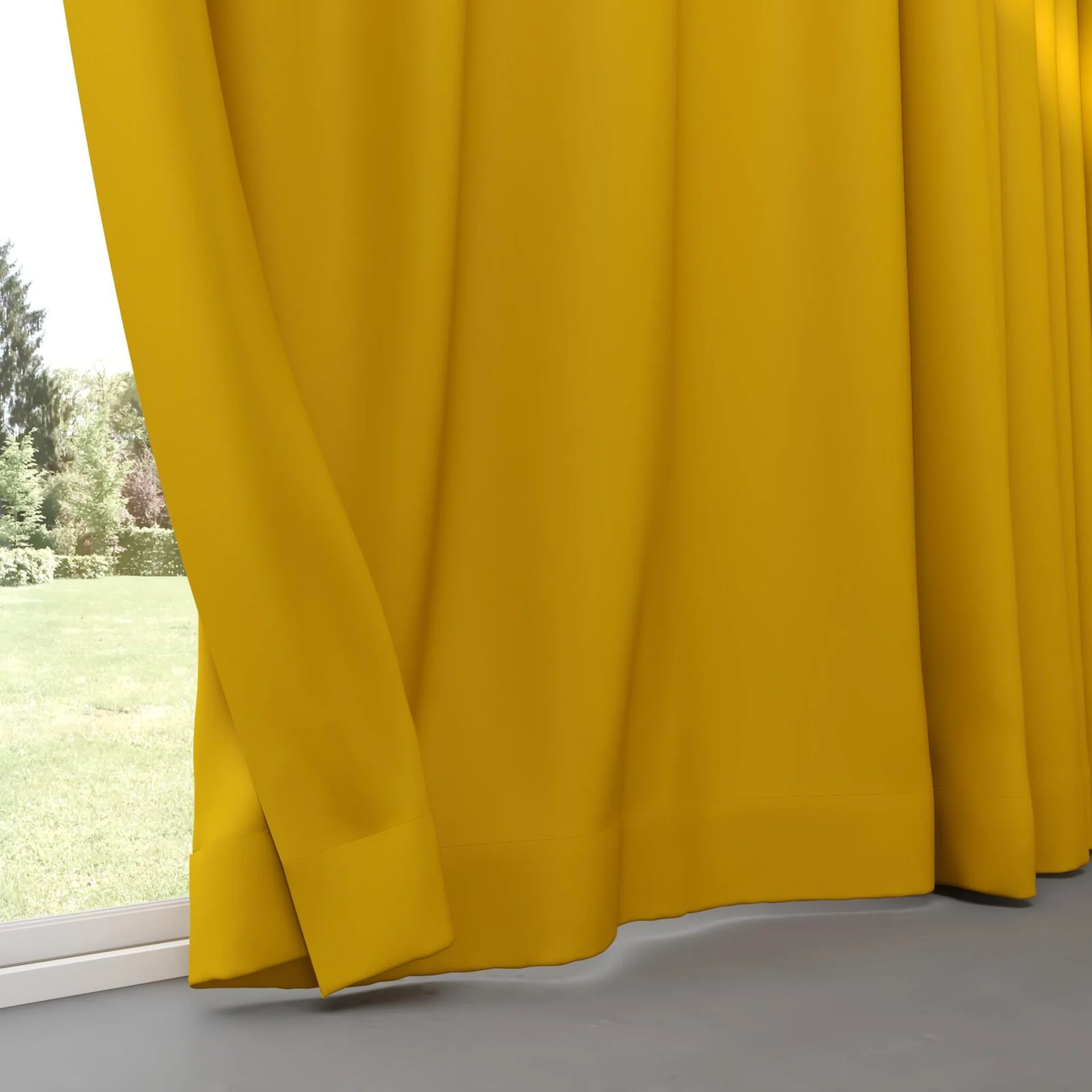 Bottom view of Vela Mustard, pinch pleat