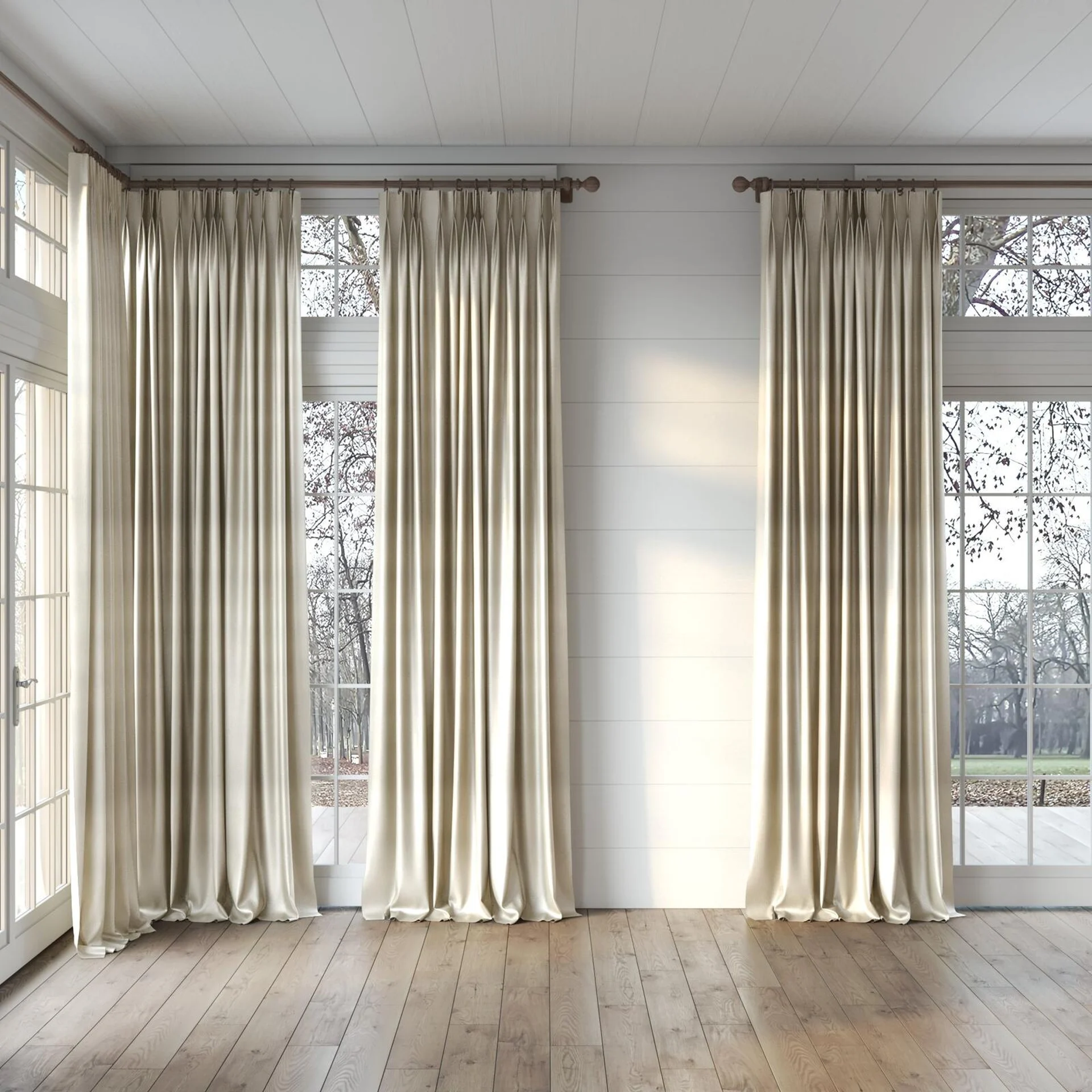Full view of Glint Beige, puddled, on curtain rod