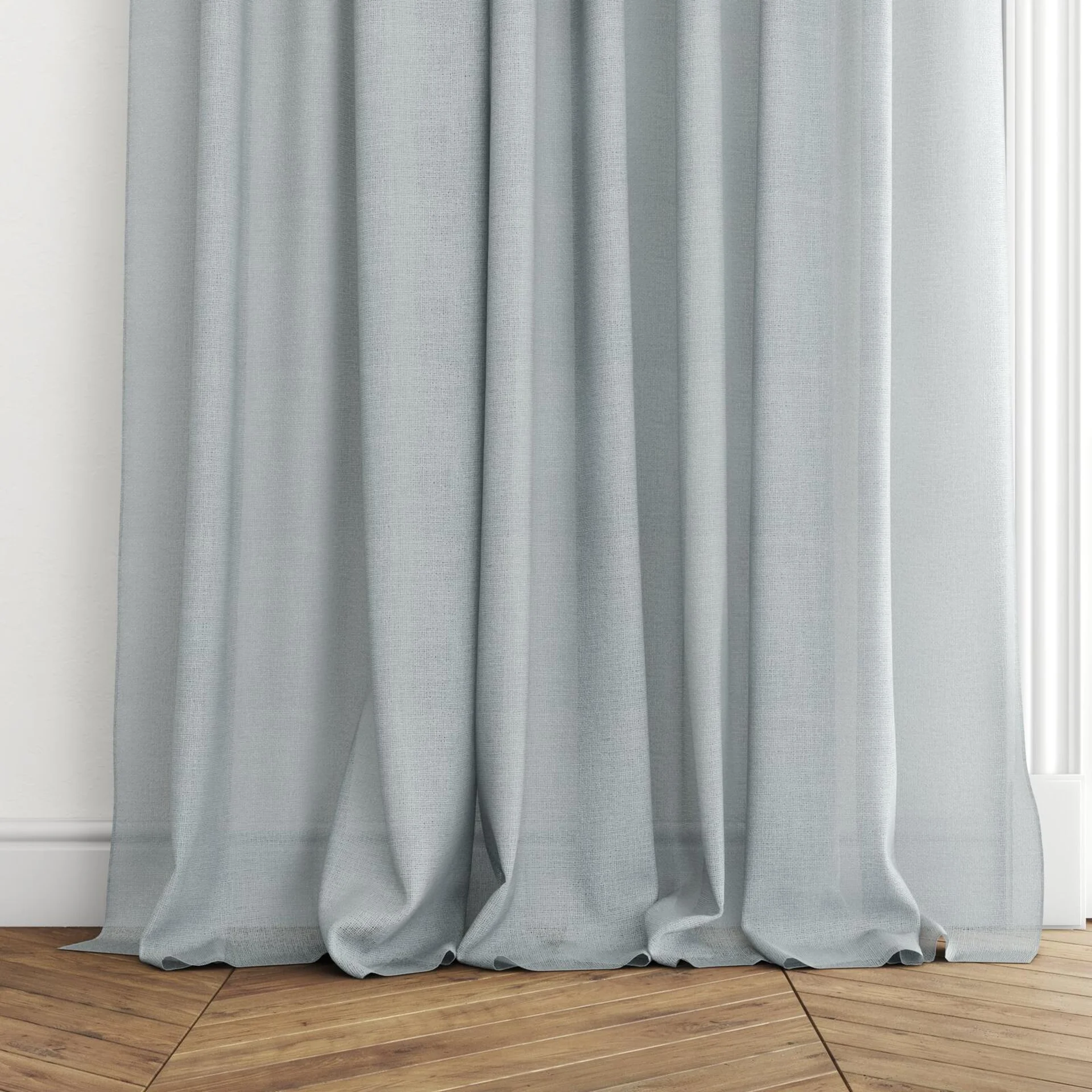 Bottom view of Statement Dove, puddled with pinch pleat, on curtain rod