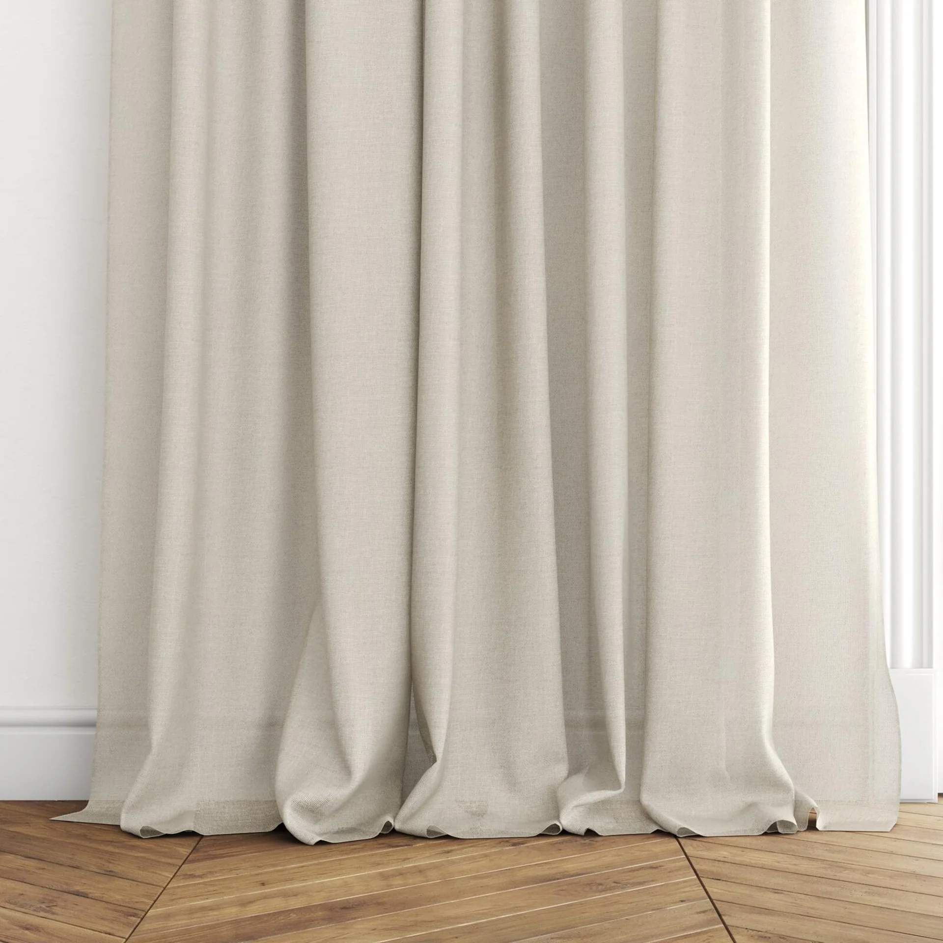 Bottom view of Focus Linen, puddled with pinch pleat, on curtain rod
