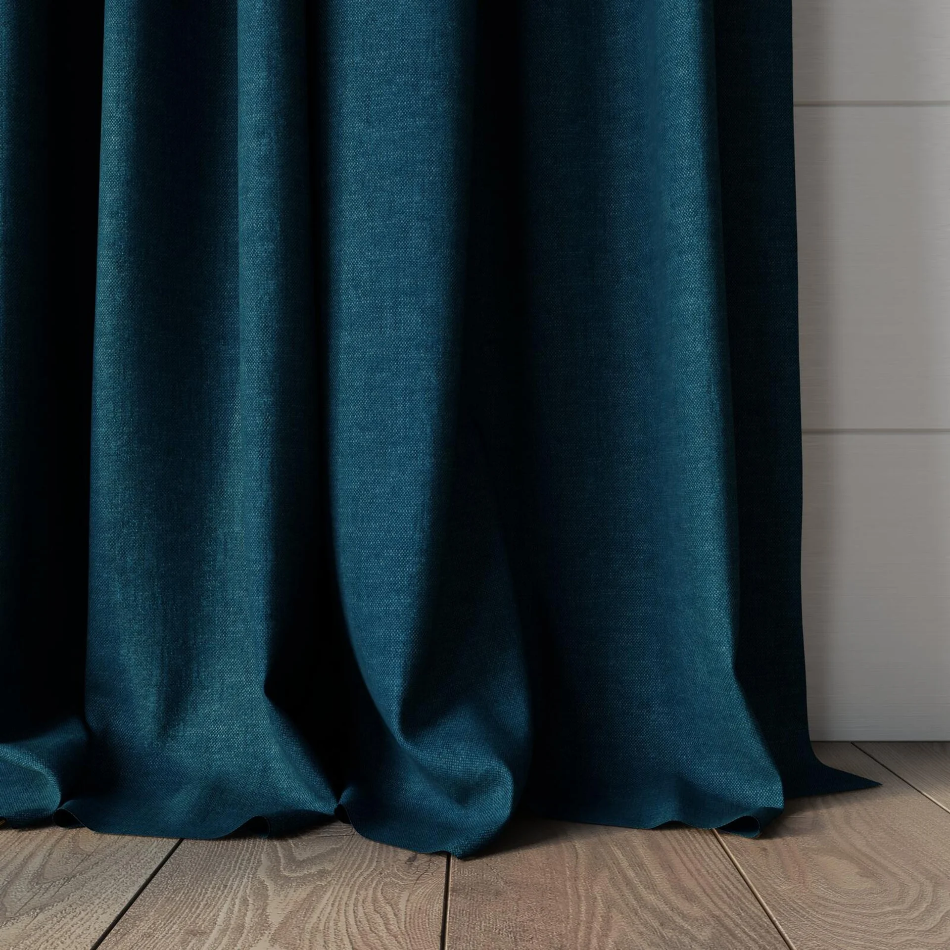 Bottom view of Rover Denim, puddled, on curtain rod