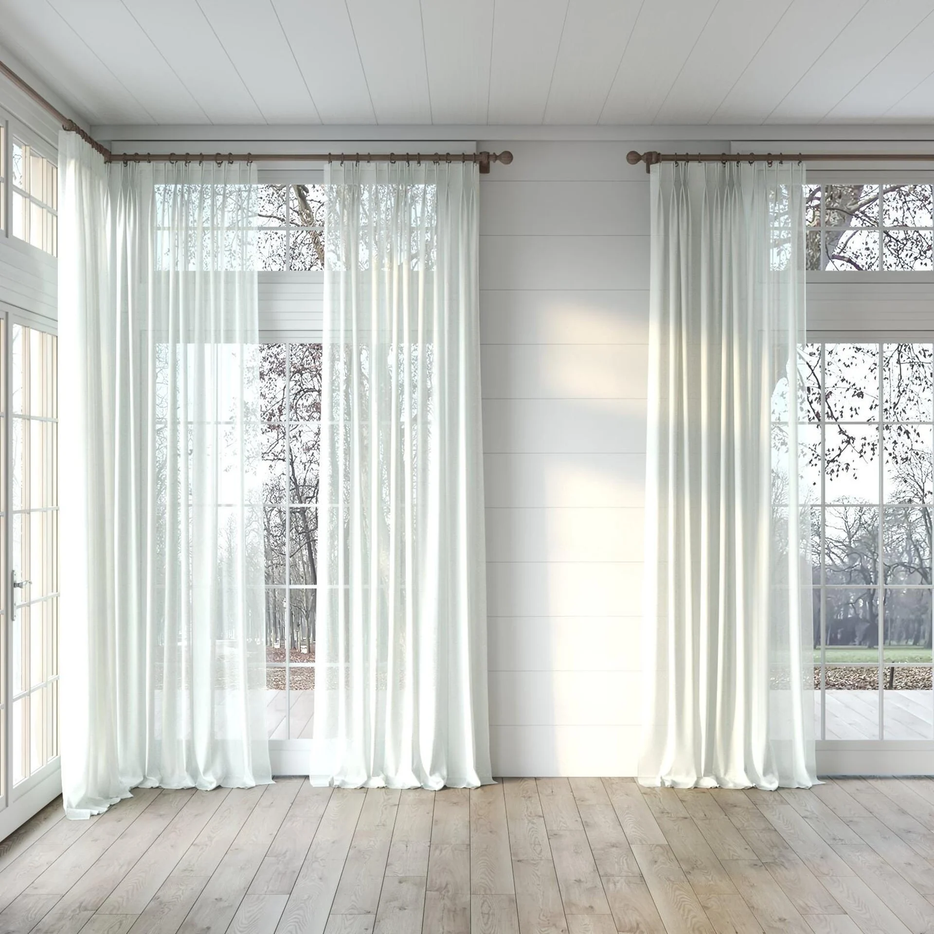 Full view of Mayfair Angora, puddled, on curtain rod