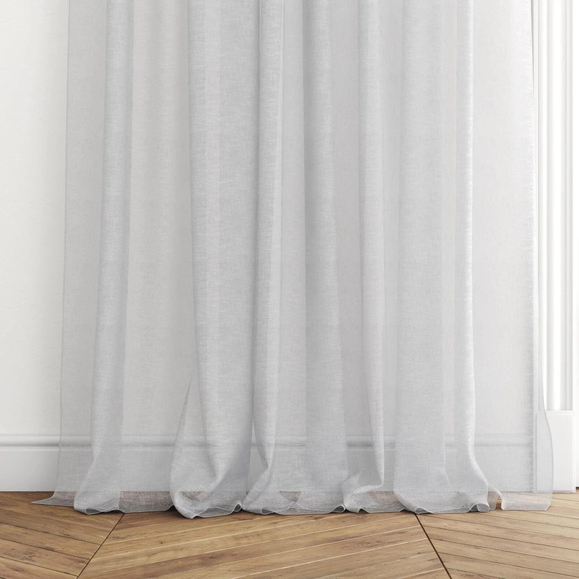 Bottom view of Seaview Sky, puddled with pinch pleat, on curtain rod
