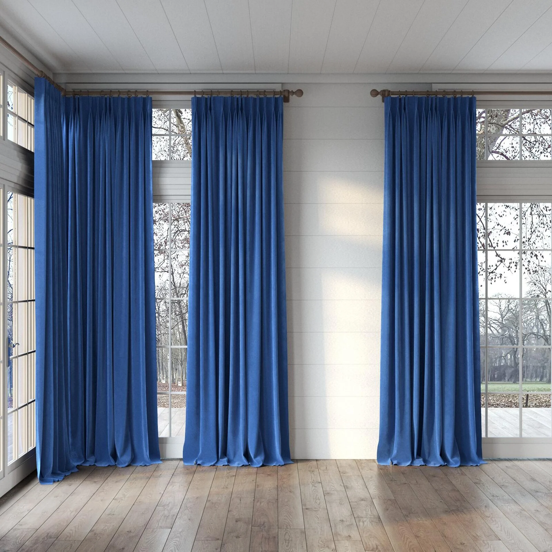 Full view of Lux Velvet Blue 8807, puddled, on curtain rod