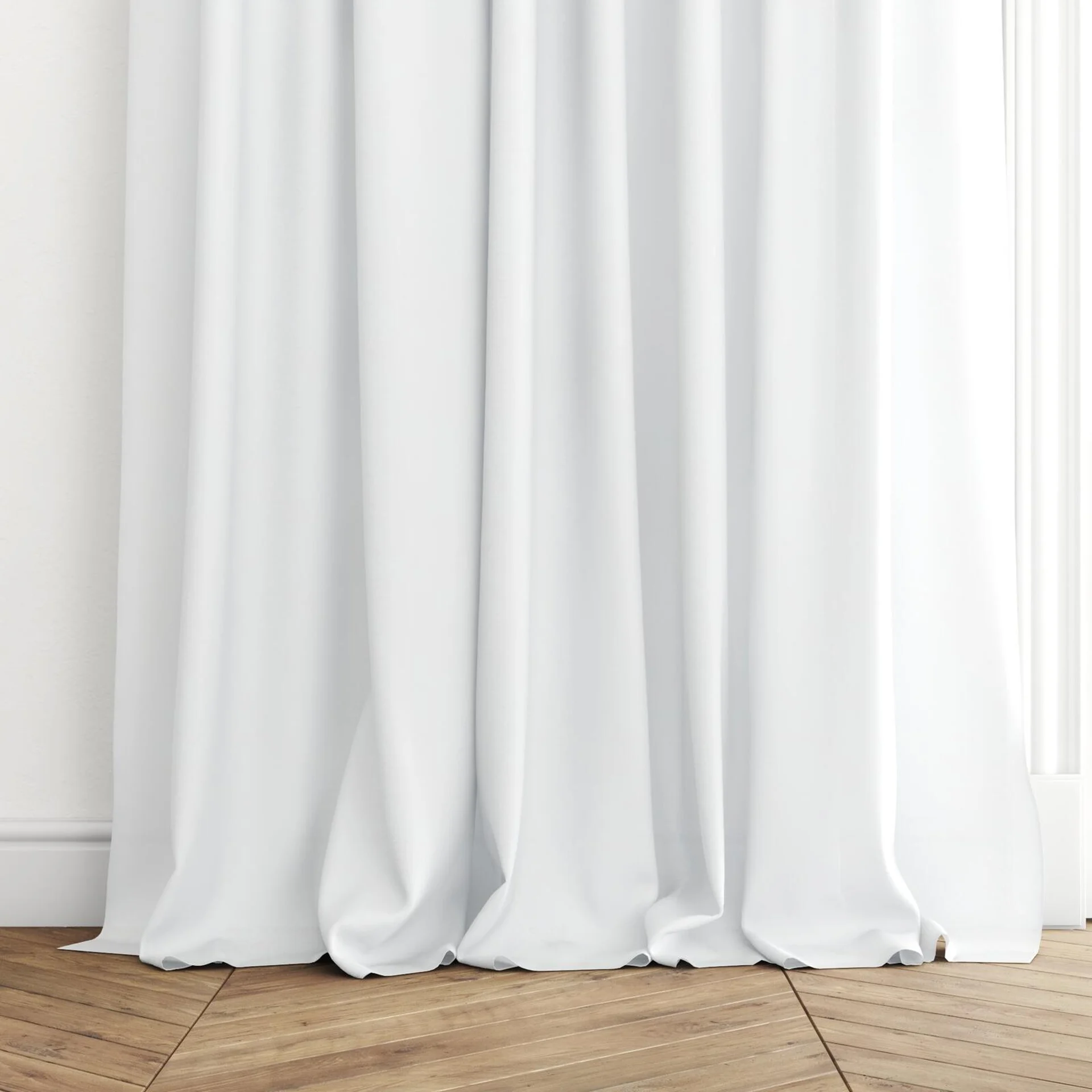 Bottom view of Kite Mist, puddled with pinch pleat, on curtain rod