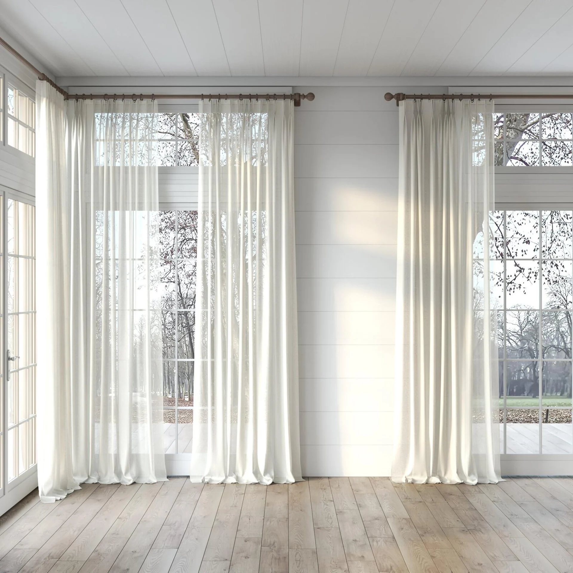Full view of Alcova Parchment, puddled, on curtain rod