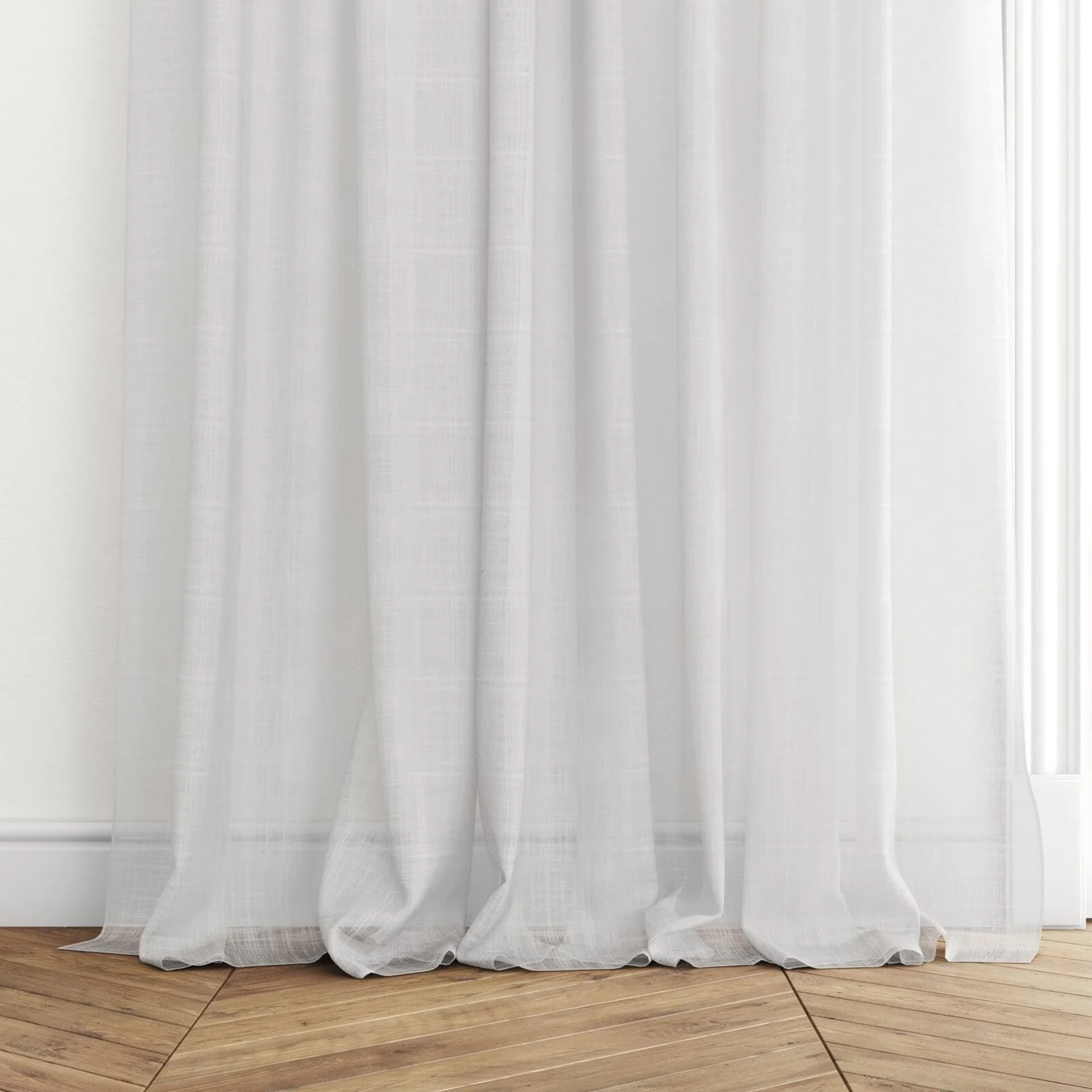 Bottom view of Kumo Recycled Snow, puddled with pinch pleat, on curtain rod