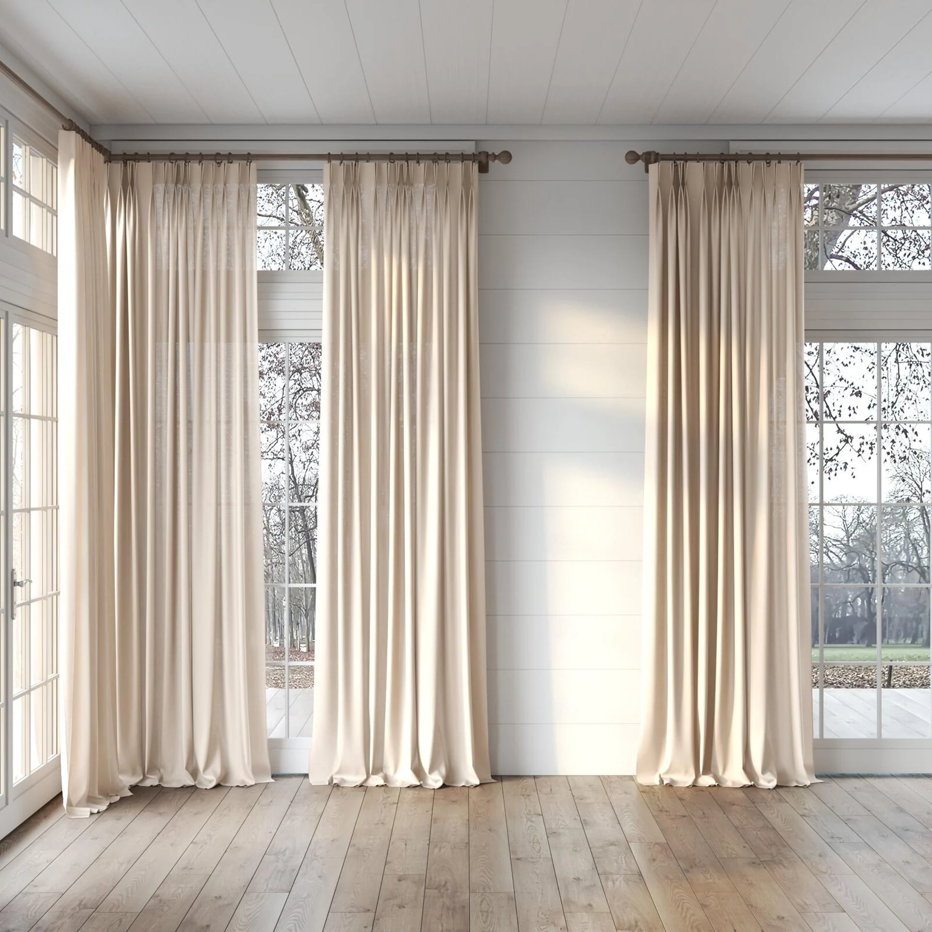 Full view of Kite Taupe, puddled, on curtain rod