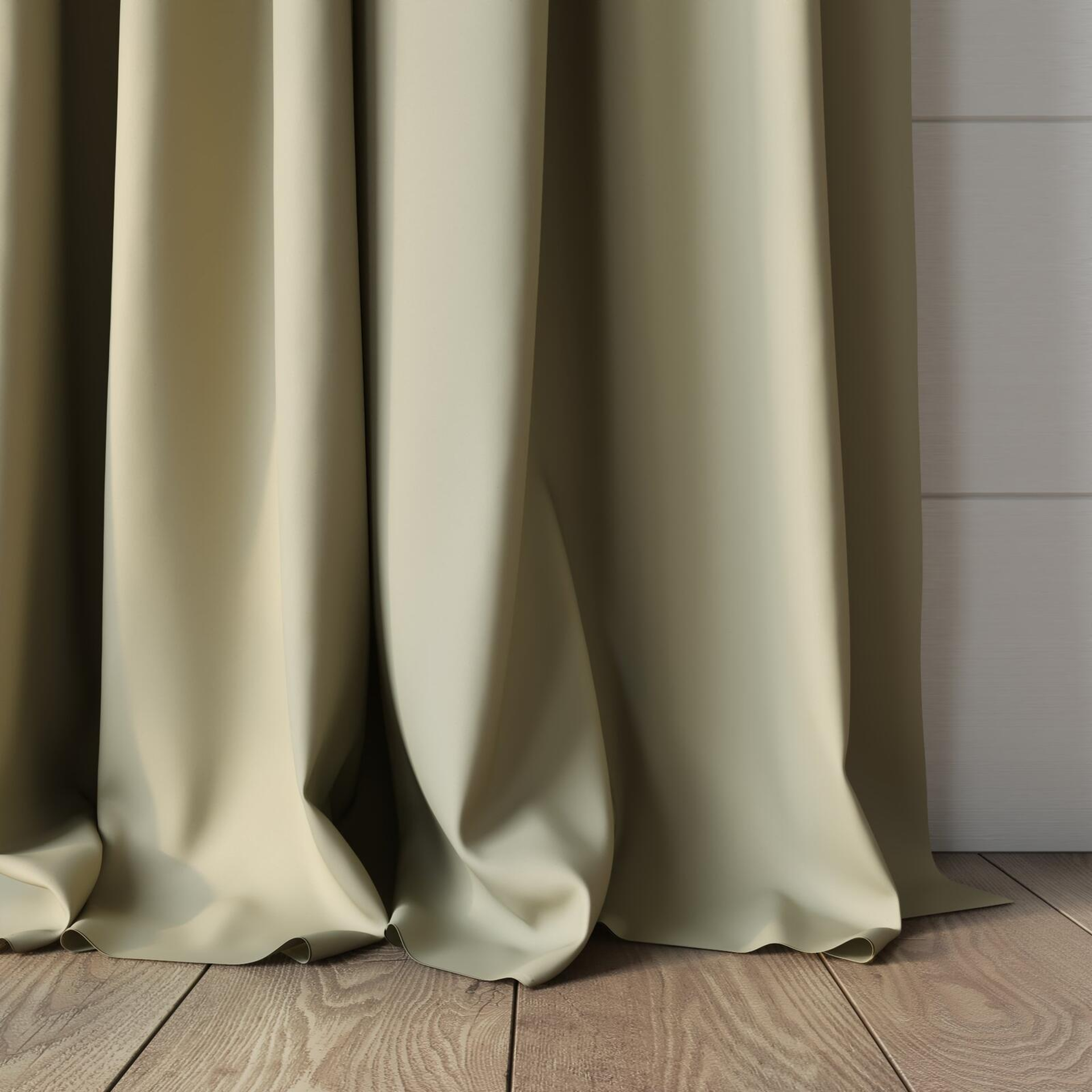 Bottom view of Ultra Dim Dune, puddled, on curtain rod