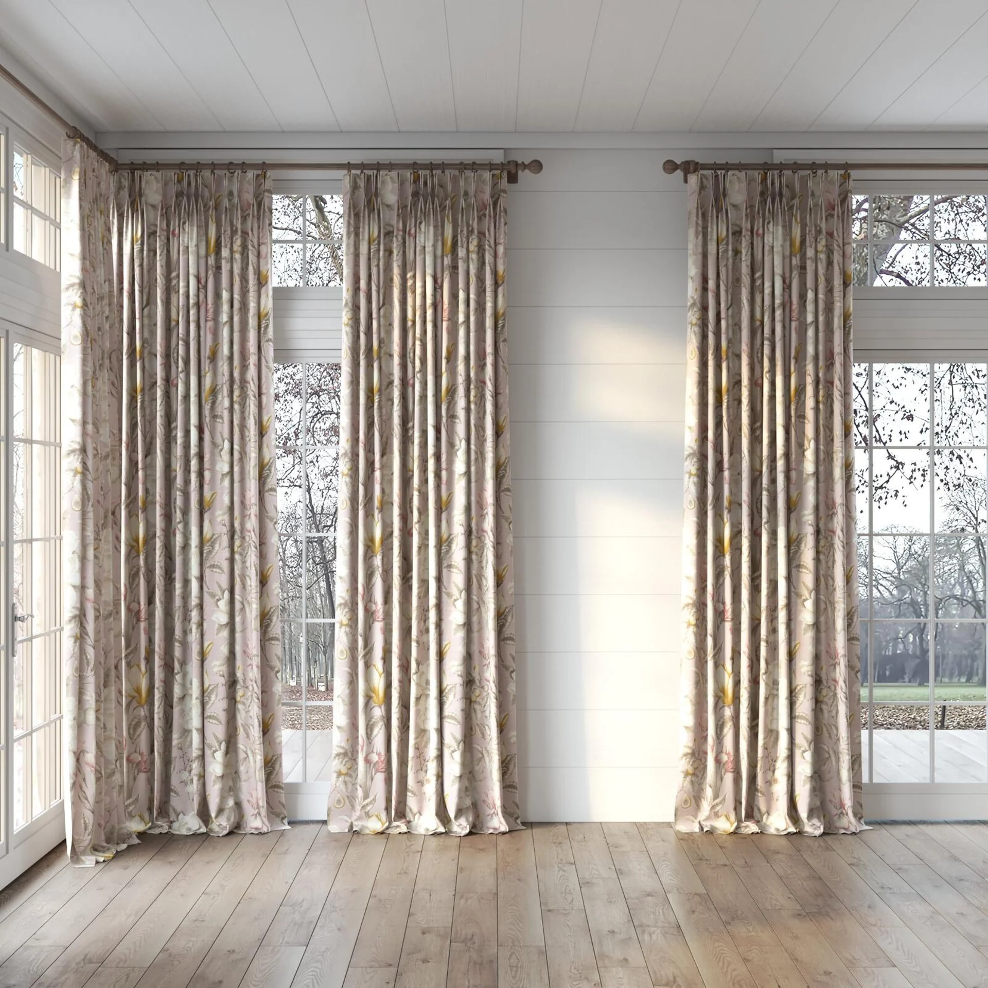 Full view of Botanist Blush, puddled, on curtain rod